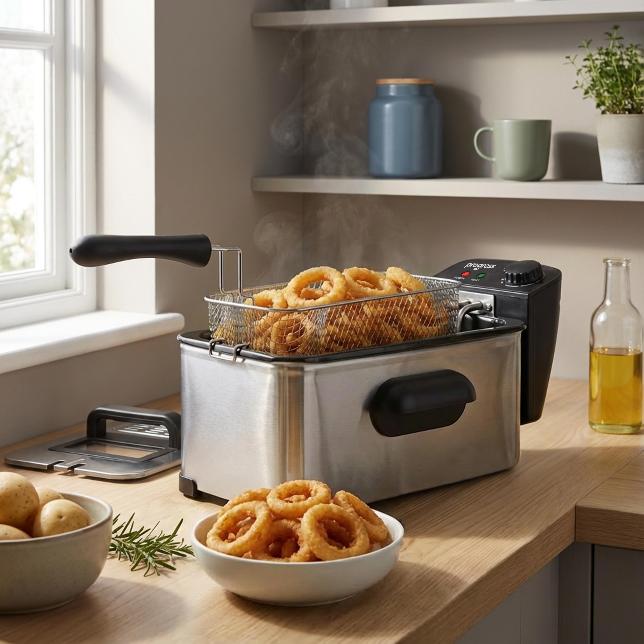 Progress Friggitrice elettrica - Friggitrice ad Olio da 3L - Cestello Rimovibile Antiaderente e Coperchio, 50-190°C, Finestra di Visualizzazione, Controllo della Temperatura Regolabile, 2000W