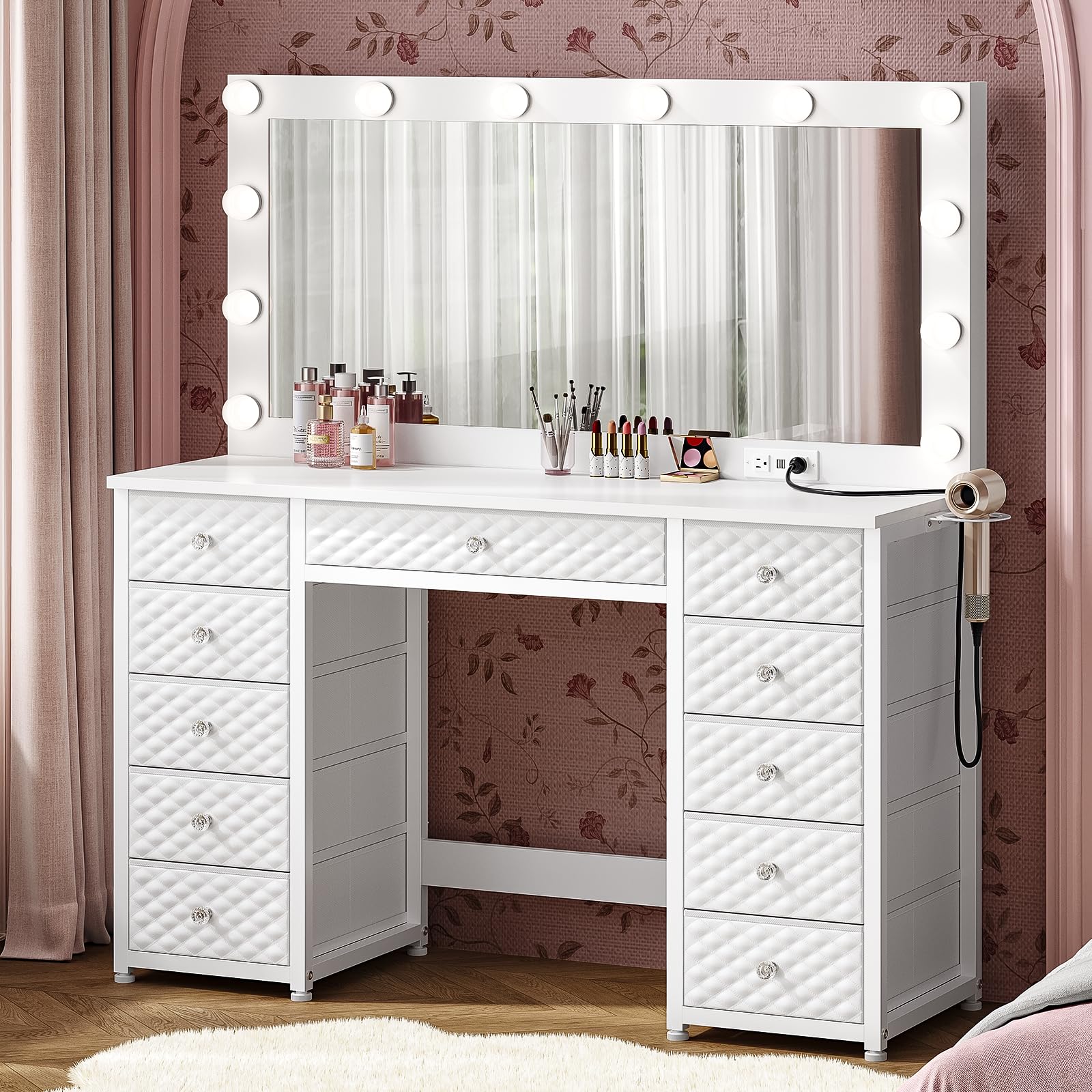 Vanity with Extra Large Mirror and Lights, Makeup Vanity with Power Strip, 45.3” Vanity Desk with Storage, Dressing Table with 3 Color Modes, Adjustable Brightnessfor Girls, Women (White)The Forest Stewardship Council