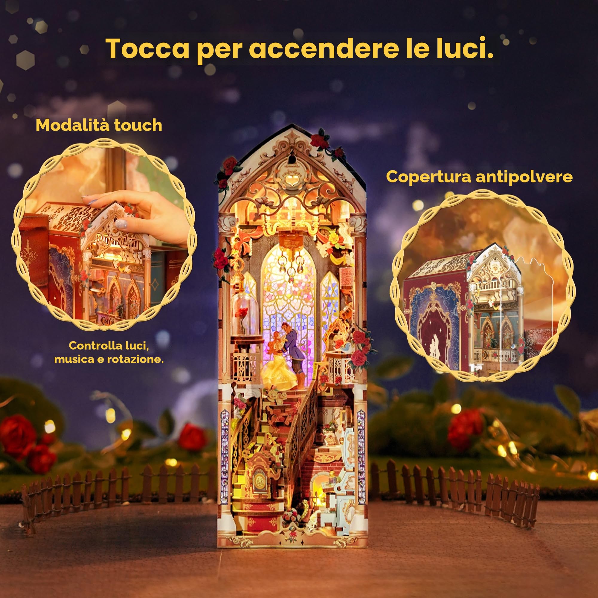 Tonecheer Book Nook Kit fai da te per adulti, puzzle 3D in legno, fermalibri in miniatura, decorazione per libreria, con copertura antipolvere e luci a LED, idea regalo (bestia e bellezza)