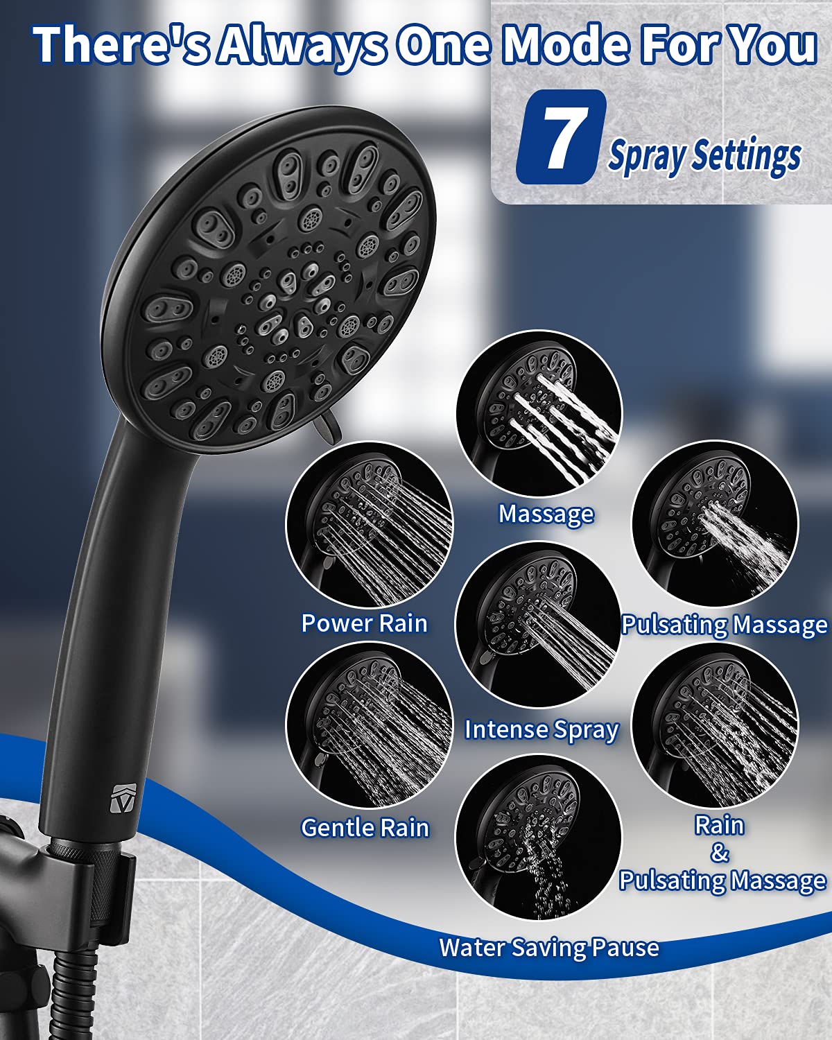High Pressure Handheld Shower Head VMASSTONE 7-Spray Setting Showerhead Kit with 59