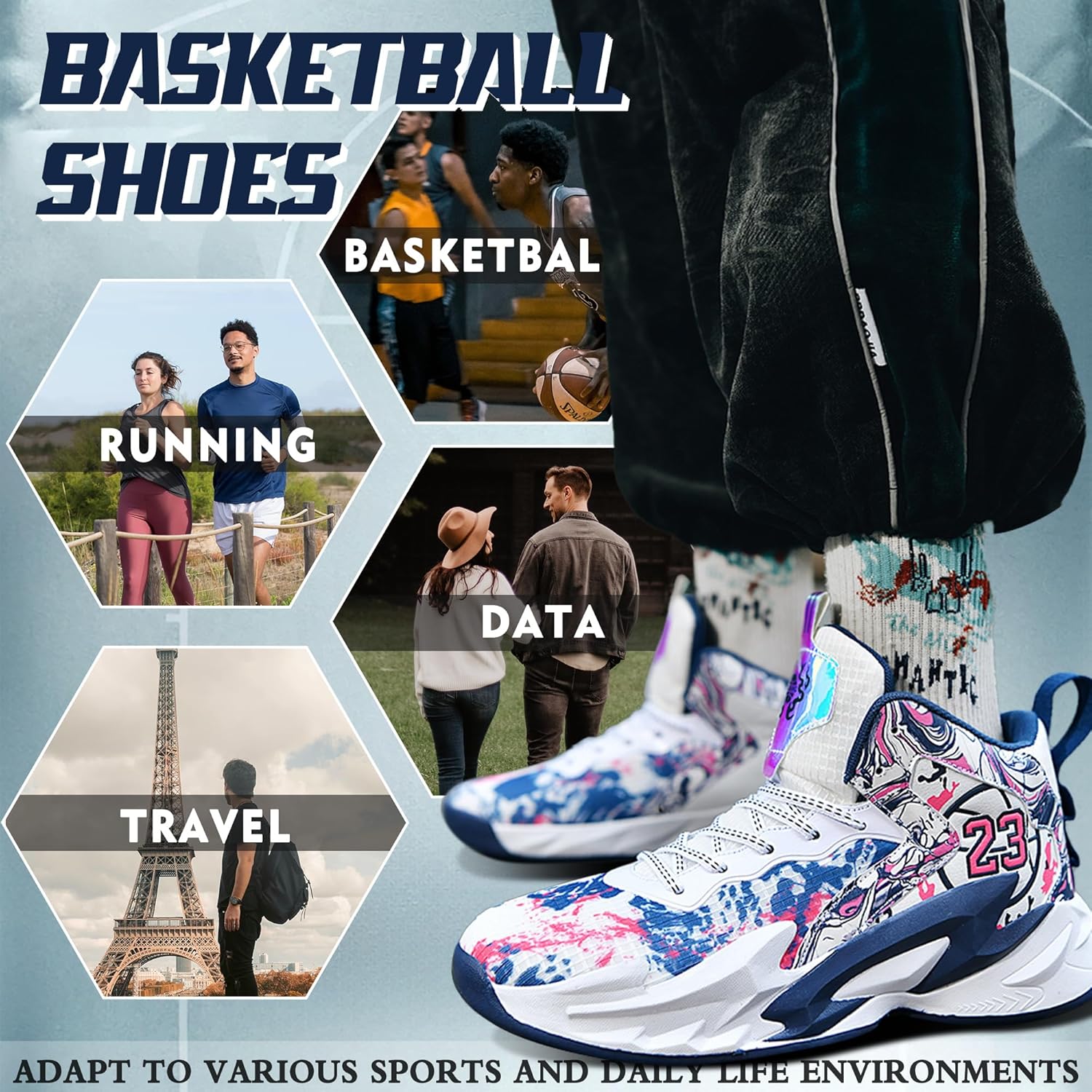 Men's Basketball Shoes Breathable Anti Slip Fashionable Graffiti Training Shoes Outdoor Shoes