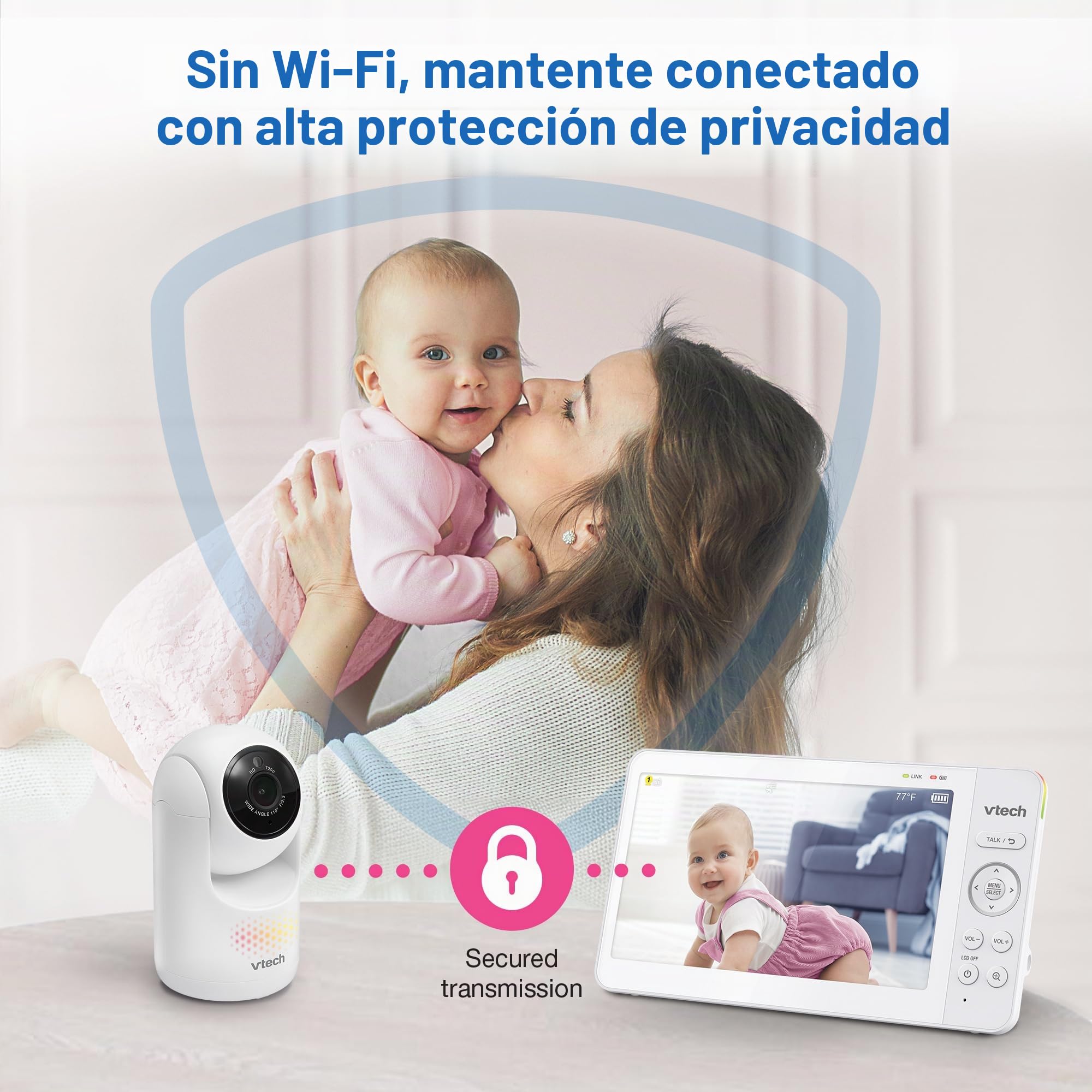 VTech [Monitor de bebé actualizado 2025 con visualización IPS de 7 Pulgadas, cámara panorámica con Zoom panorámico, Monitor de bebé de Video sin WiFi con cámara y Audio, luz Nocturna Multicolor