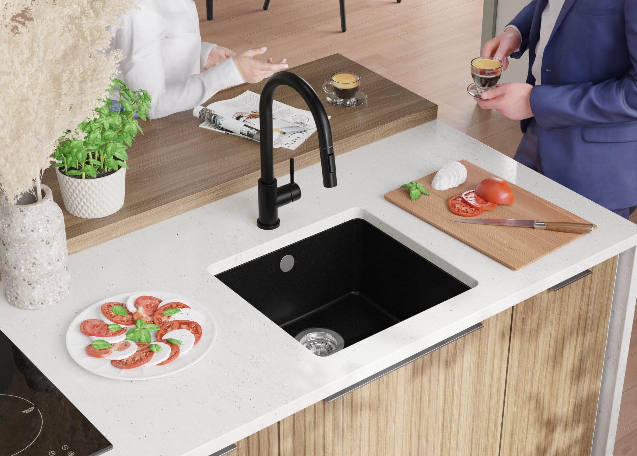 PRIMAGRAN Evier sous Plan Noir - Venise, 46x44cm | Evier en Granit 1 Bac + Robinet 38x14cm + Zuberhor-Set, Évier au Meuble 50cm (S053)