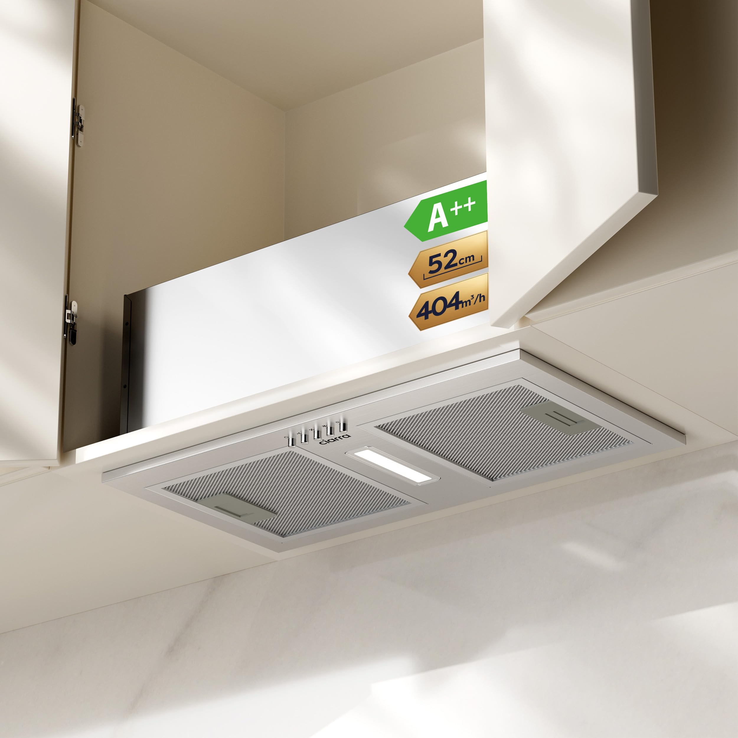 CIARRA Campana Extractora Encastrable 52cm,A++,Filtro Carbón CBCF002X2 | 404 m³/h | Recirculación/Evacuación | 3 Velocidades | Luz LED | Extractor de Cocina Integrado CBCS5937A