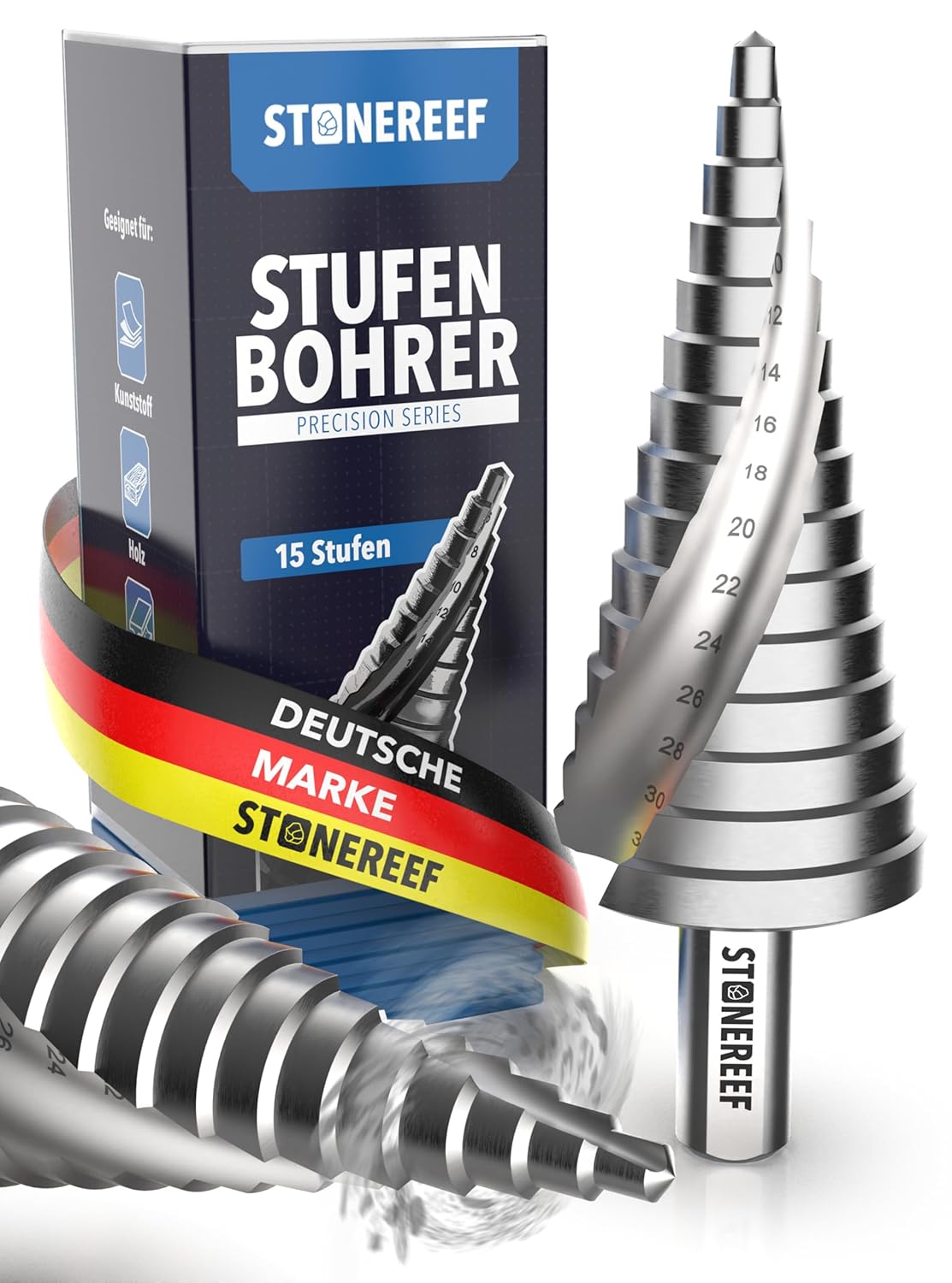 Stufenbohrer Profi aus HSS Stahl - [15 Stufen | Ø 4-32mm] - Kegelbohrer, Schälbohrer, Stufenbohrer Metall, Lochbohrer, Blechbohrer, Kunststoffbohrer, Lochfräser, Fräsbohrer, Lochschneider - Amazon product rated Grade A