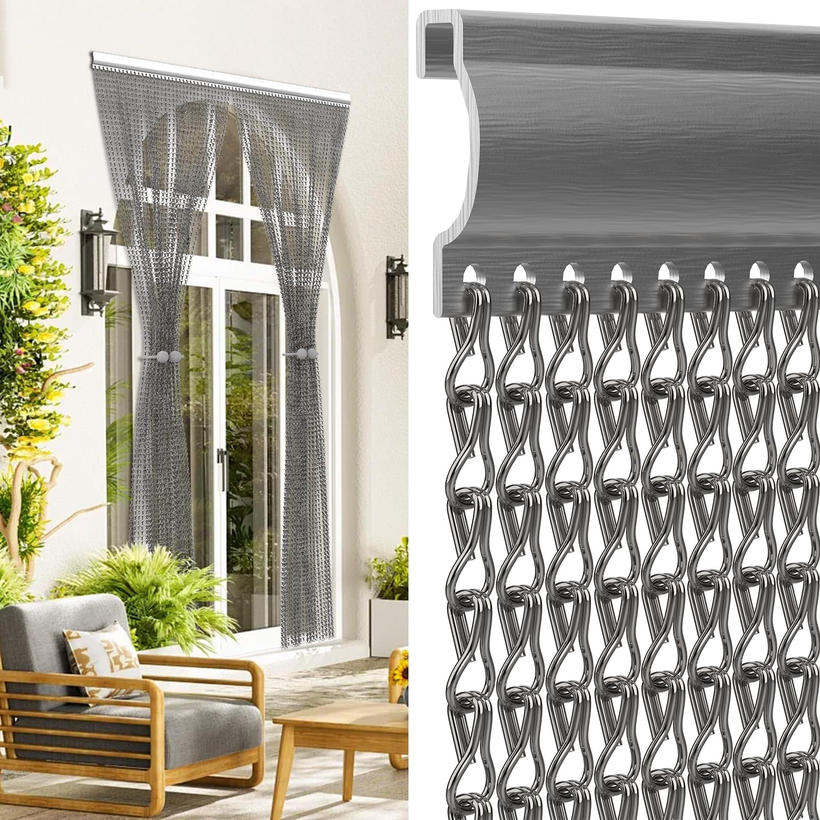 Ferghana Fliegentür Fliegenvorhang Terrassentür Insektenschutzgitter Aluminium Premium Fliegengitter Metall Kettenvorhang für Türen Jalousien (Metallgrau,100x210cm) | Fliegengittertür für Türen, Balkon, Terrasse, Schädlingsbekämpfung, Insektenschutz Türvo