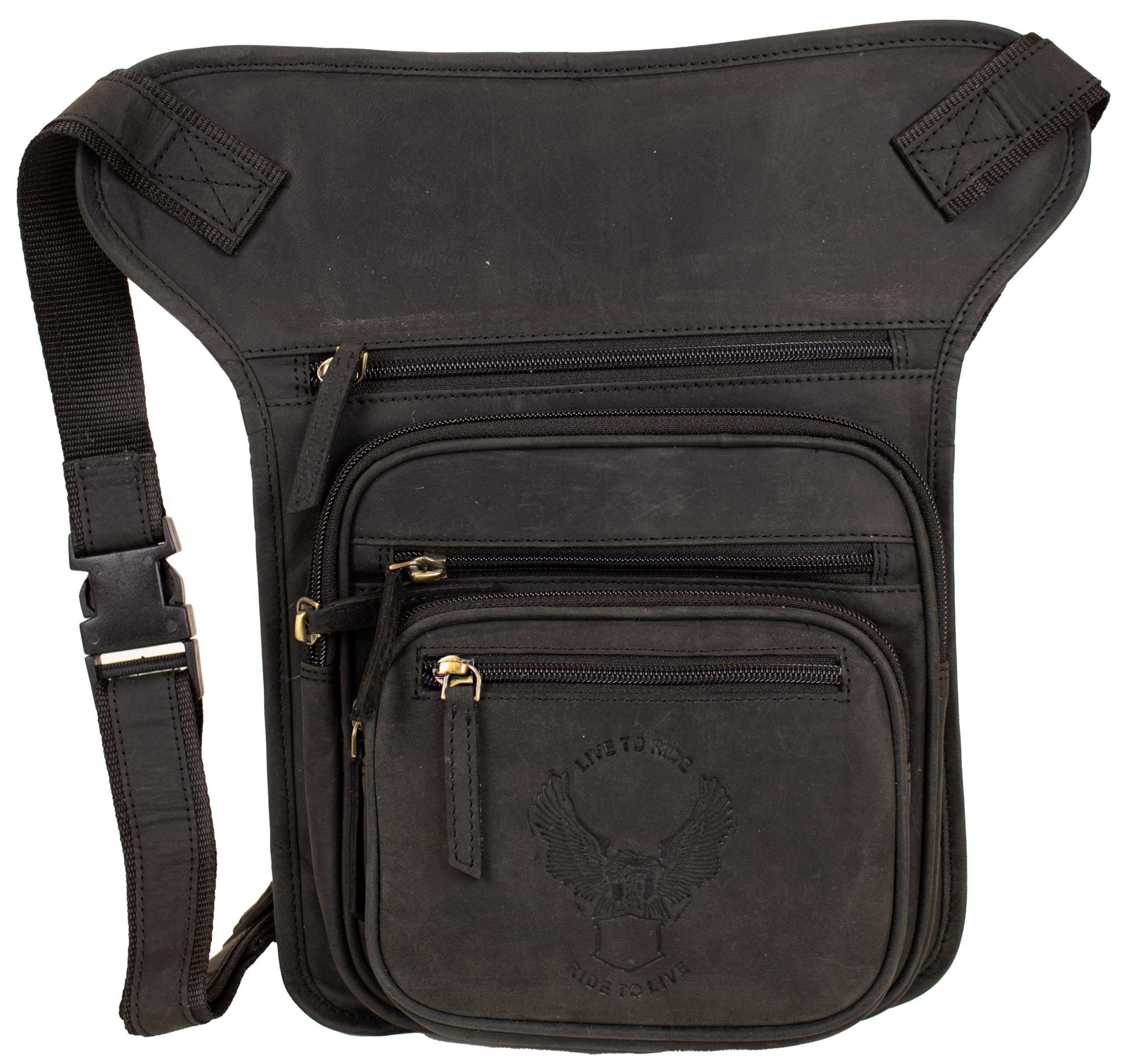 Marsupio da moto in pelle, marsupio con scomparti multipli, aquila goffratura, Nero , Standard, Moto