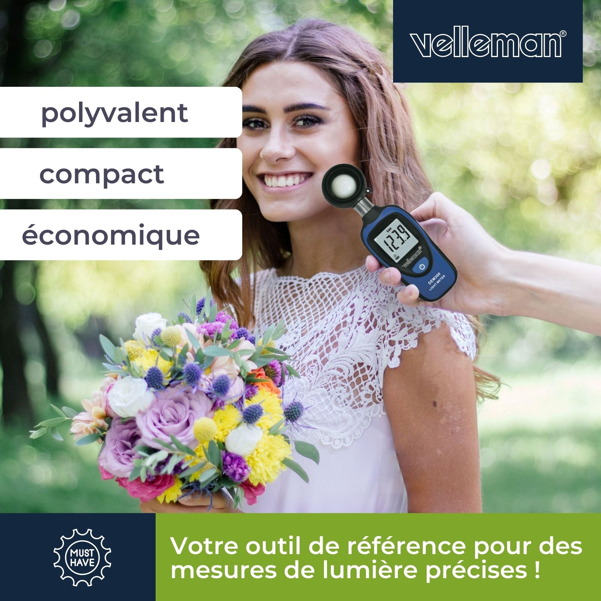 Velleman Luxmètre numérique, photometre, testeur pour mesure luminosité, mesure de lumière, testeur d’éclairage, plage 0-200000 lux, affichage LCD, format de poche