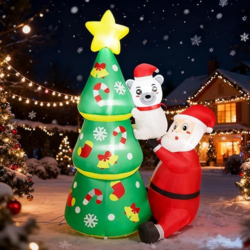 Dearsun Árbol inflable de Navidad de 6.2 pies de alto con Papá Noel y oso polar, inflable de Navidad con luces LED integradas para decoración al