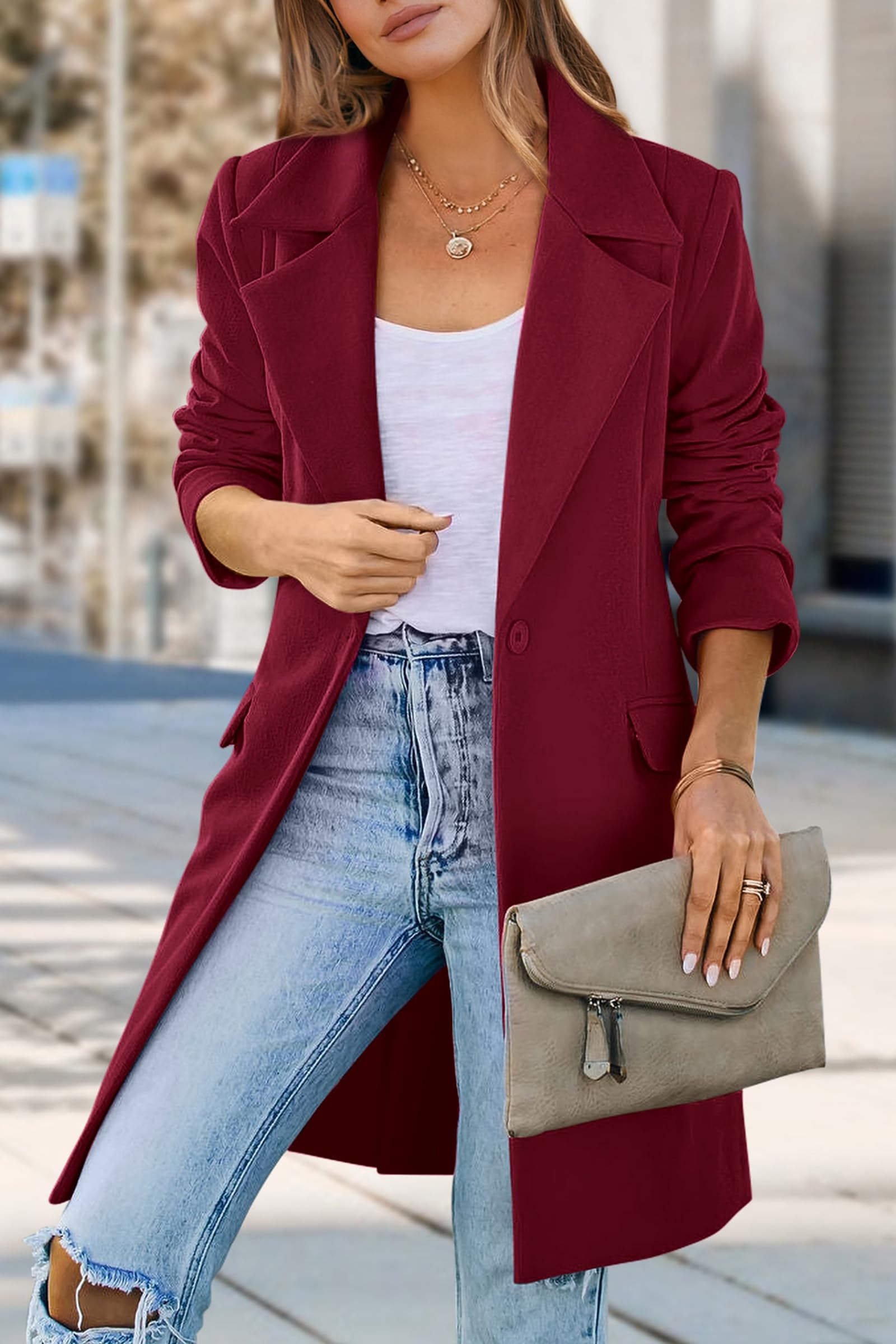 PRETTYGARDEN Women's Business Casual Long Blazer Jackets(Wine Red,S) view 3