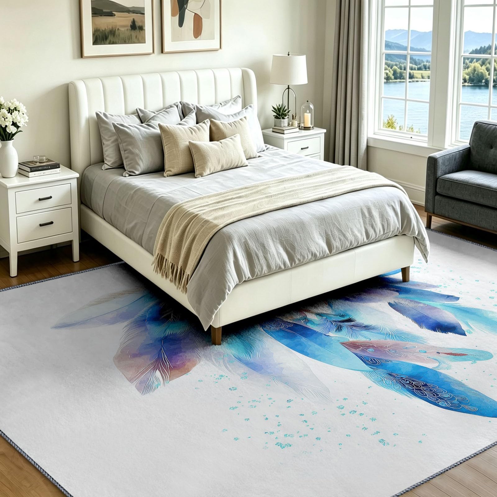 Generisch Teppich Wohnzimmer 120 x 170 cm Weiß Wohnzimmerteppich Waschbarer Boho Traumfänger Teppiche Bettvorleger Schlafzimmer Kurzflor rutschfest Groß Carpet Esszimmer BüRo