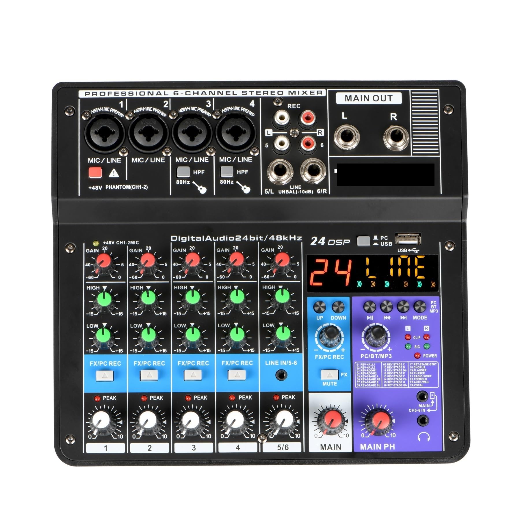 Mikser dźwięku, 6-kanałowy mikser audio 48 V 24 efekty DSP Wejście USB Bluetooth 3,5 mm