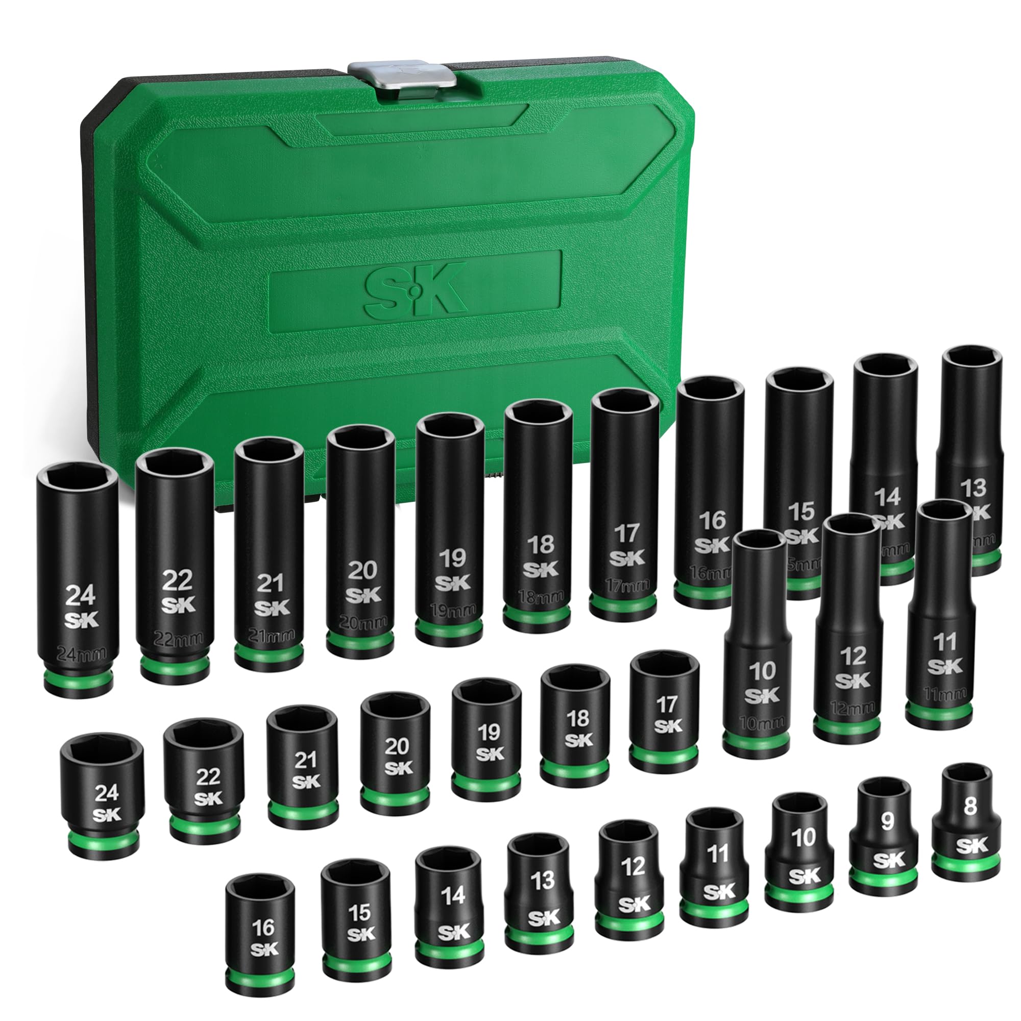 SK 1/2" Drive Impact Socket Set, 30-Piece Metric Sockets, Deep 10mm to 24mm, Shallow 8mm to 24mm, Premium CR-MO Steel, SureGrip 6 Point Design, With