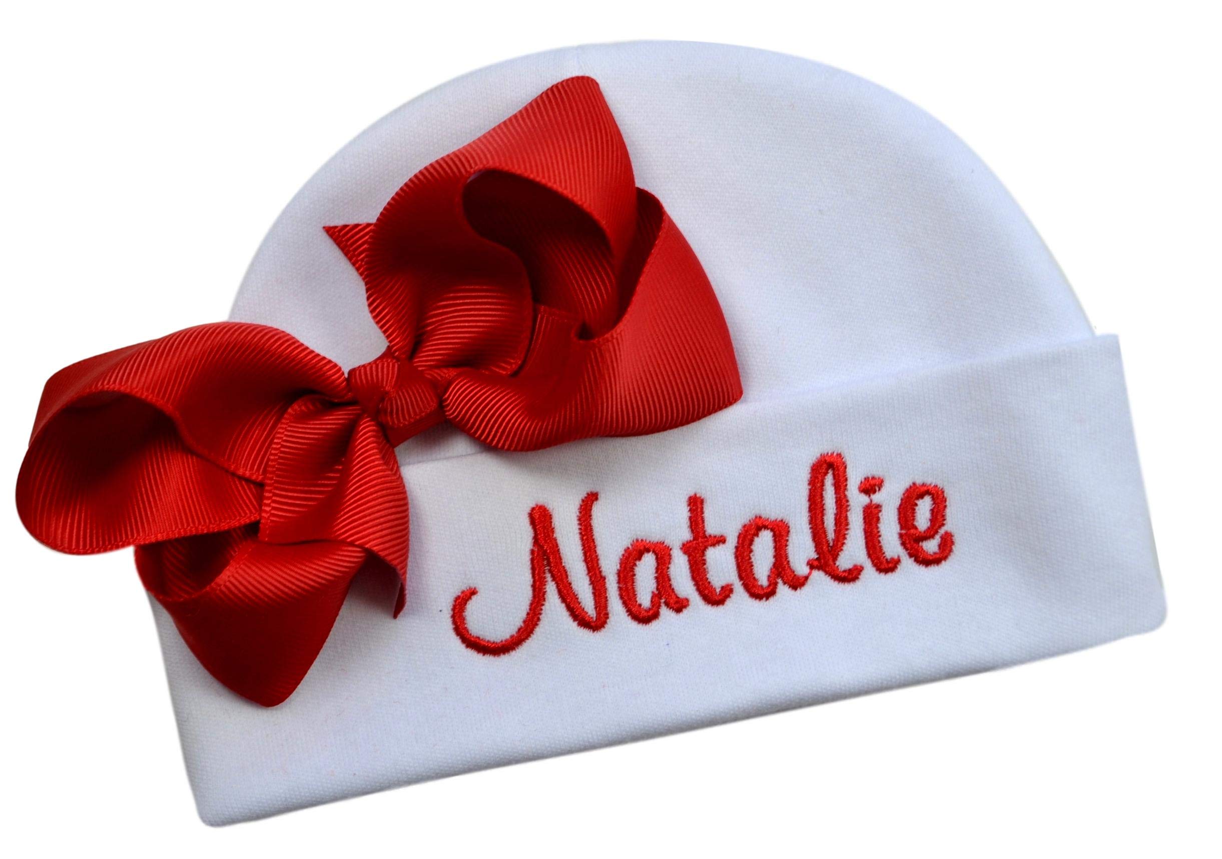 Personalized Embroidered Baby Girl Christmas Hat with Your Custom Name - Choose Bow or Flower (Red Grosgrain Bow)