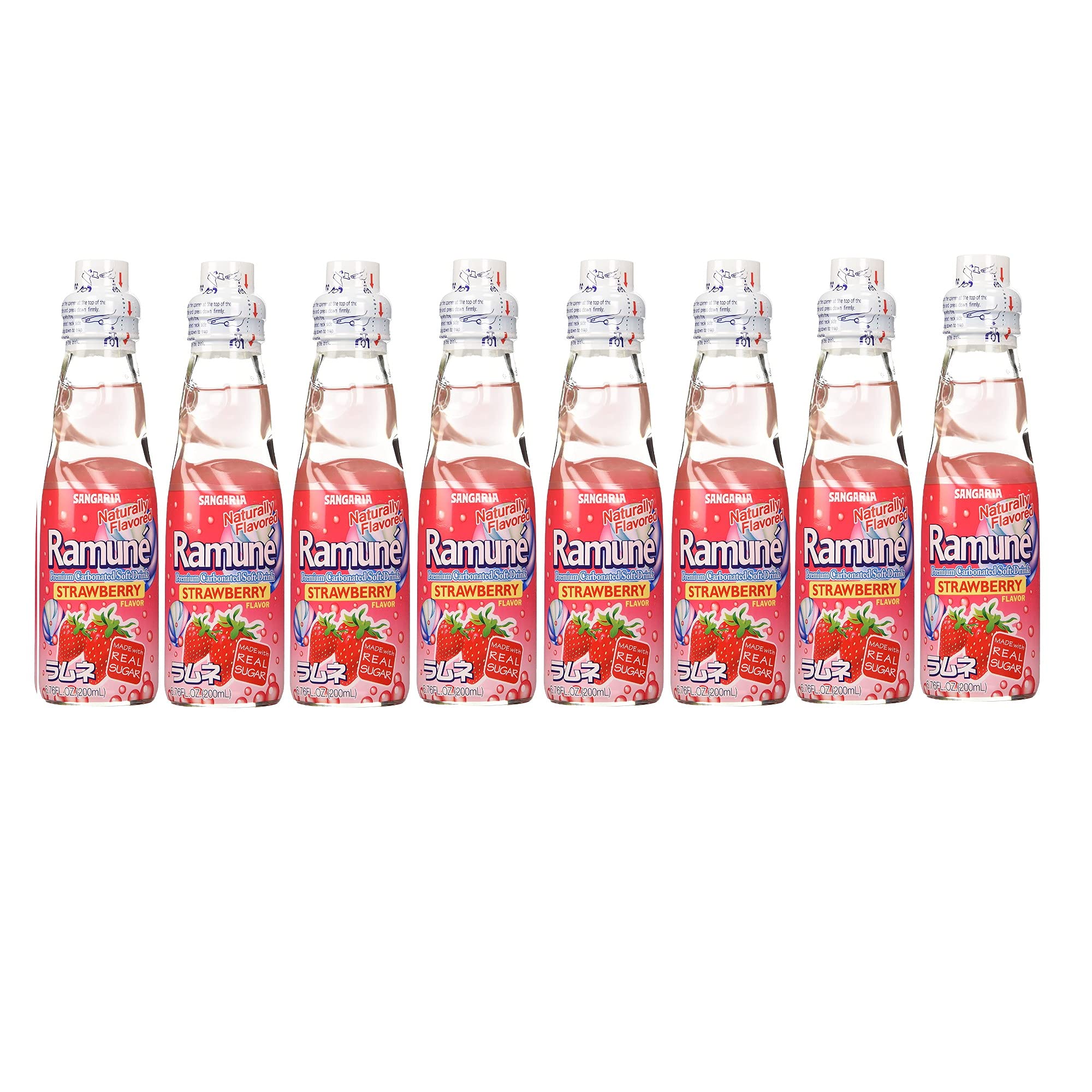 Sangaria Japanese Soft Drink Ramune, Strawberry Flavor, Pack of 8 (Total 54.08 Fl Oz)