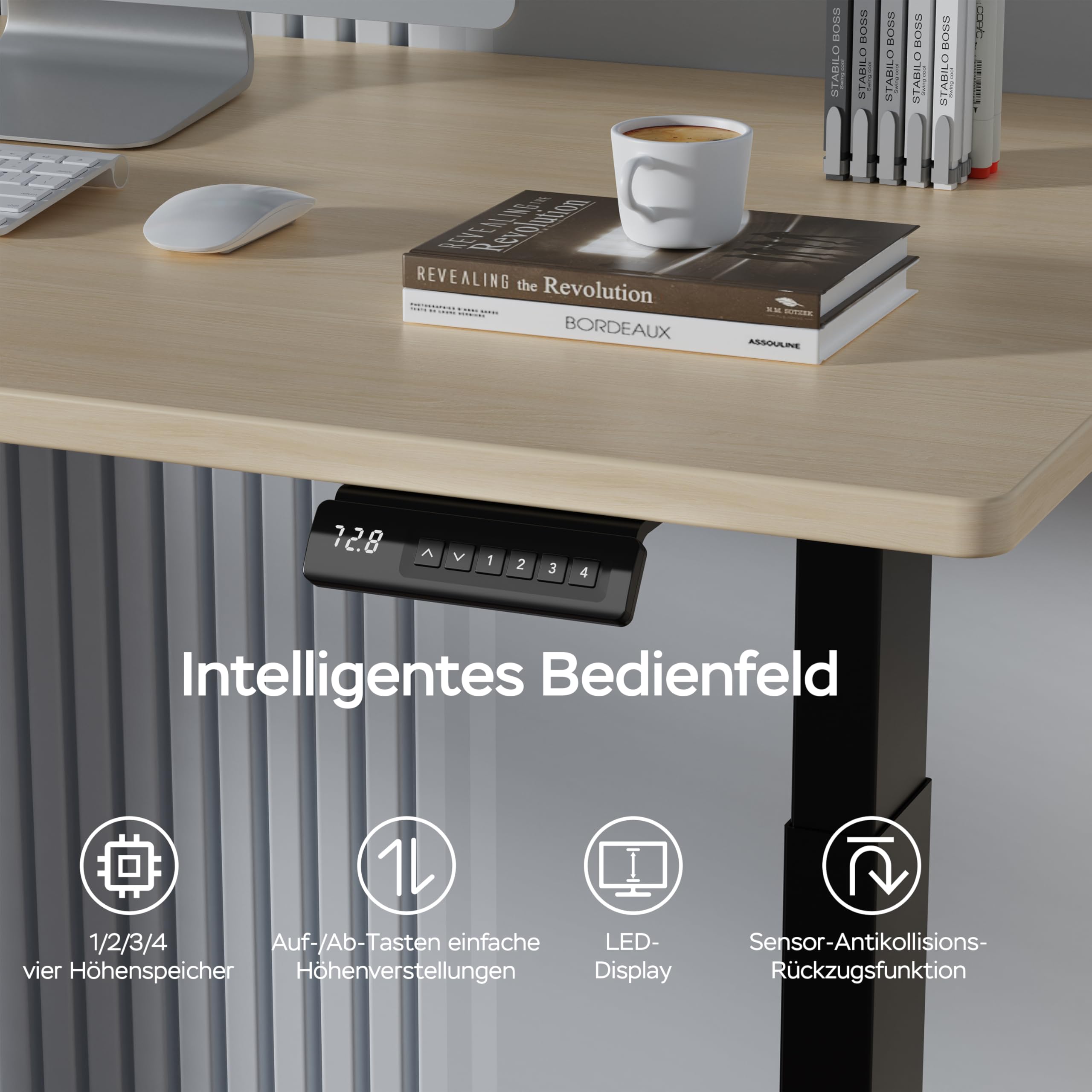 Höhenverstellbarer Doppelmotor Schreibtisch 25MM Einteilige Tischplatte, Intelligente Steuerung mit 4 Speicher1 35kg Tragfähigkeit, Leise <45dB (Beige + Schwarz, 160cmX80cm)