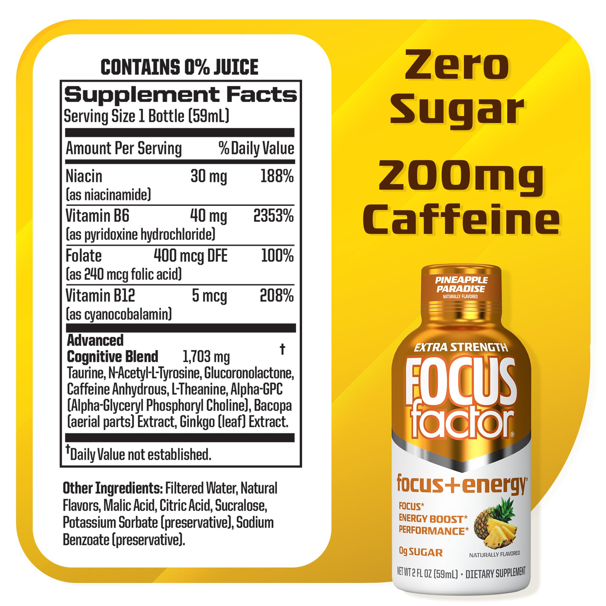 Focus Factor Extra Strength Focus + Energy Shots - 12 x 2oz Bottles (Pineapple Paradise Flavor) - Powered by Nootropics with Caffeine, L-Theanine, Ginkgo, Bacopa, L-Tyrosine, Alpha GPC — Amazon image 2