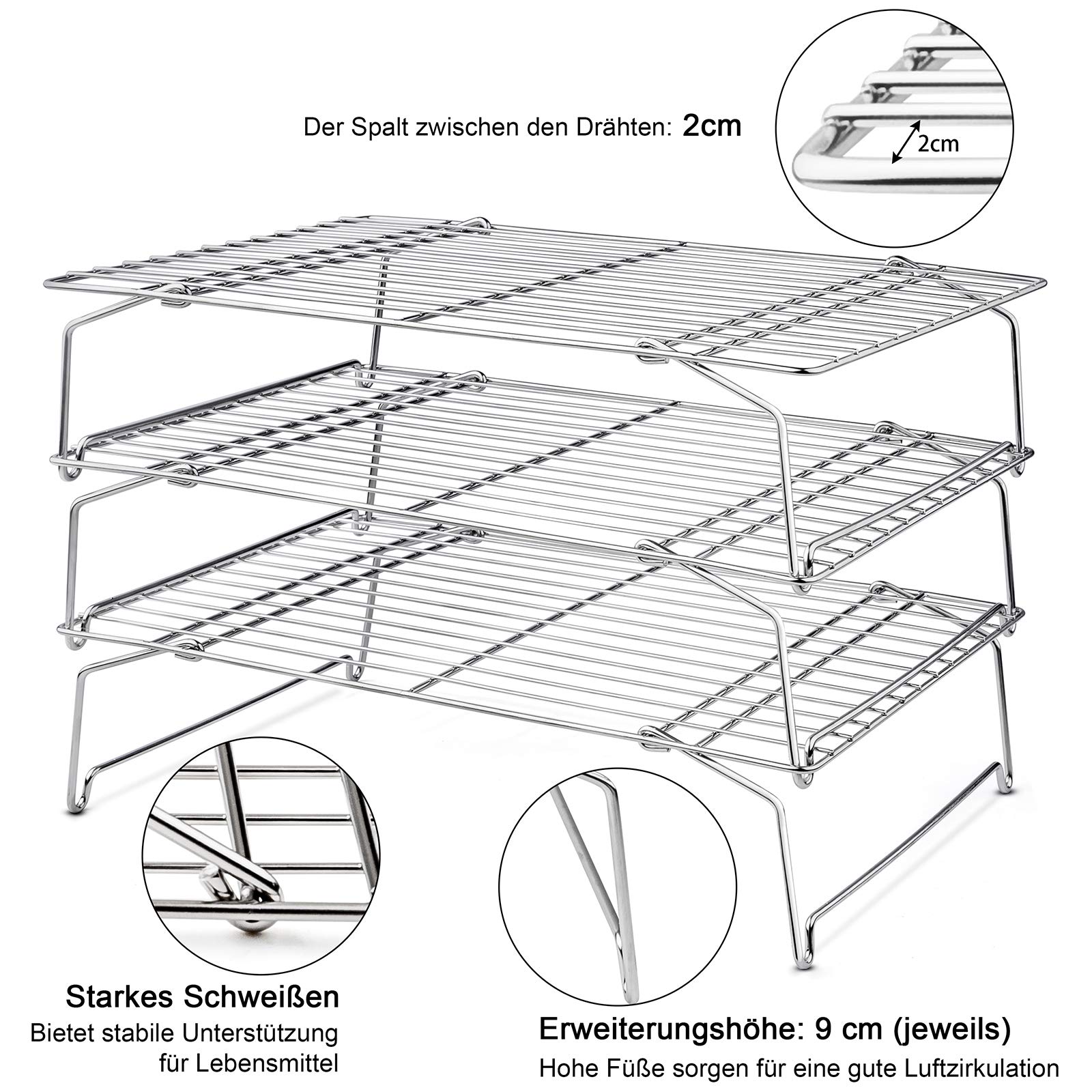 HaWare Abkühlgitter, Edelstahl 3-töckiges Kühlgitter Auskühlgitter zum Backen Braten Grillen von Kekse Kuchen Brot Torte, Faltbar & Stapelbar, Ofen- & Spülmaschinenfest - 38x26cm