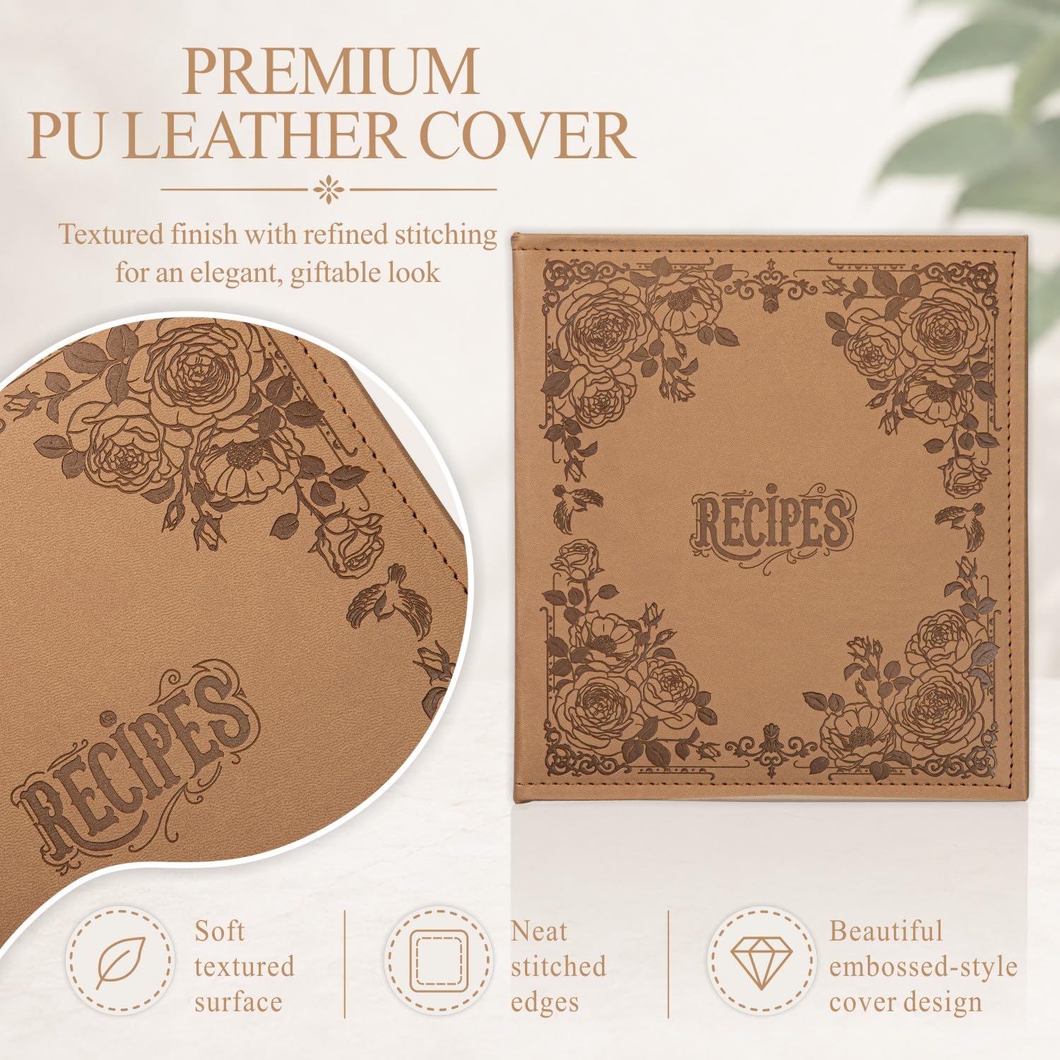 COFICE Ricettario per scrivere le tue ricette, 21,5 x 24,9 cm, raccoglitore ad anelli con copertina in similpelle PU, biglietti da 10 x 15 cm e divisori a schede, marrone