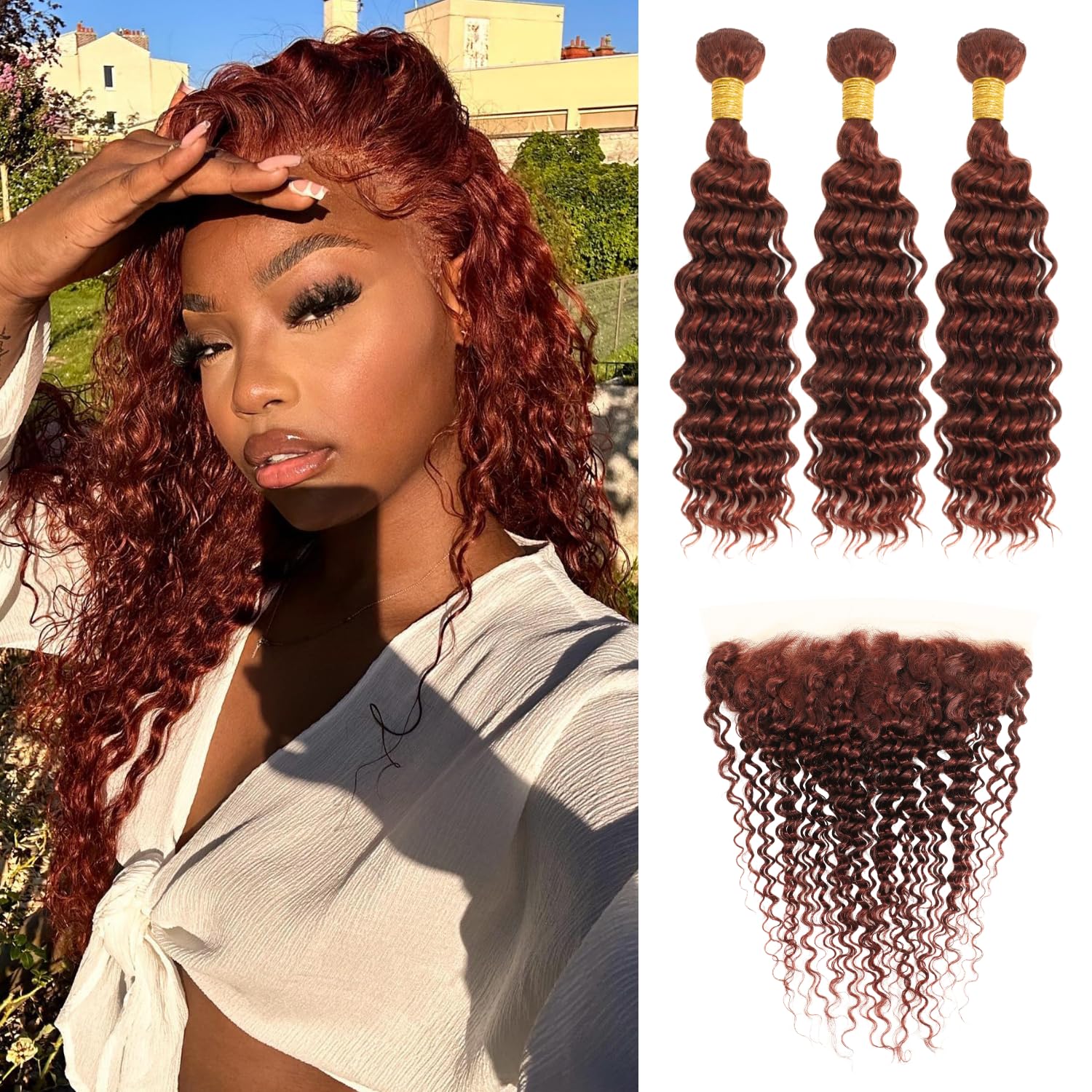 Reddish Brown Bundles with 13x4 HD Lace Frontal Human Hair 16 18 20+16, Thick Track Virgin Copper Auburn Red Deep Wave Bundles Human Hair 10A Curly 3 Bundles with Pre Plucked Ear to Ear Frontal