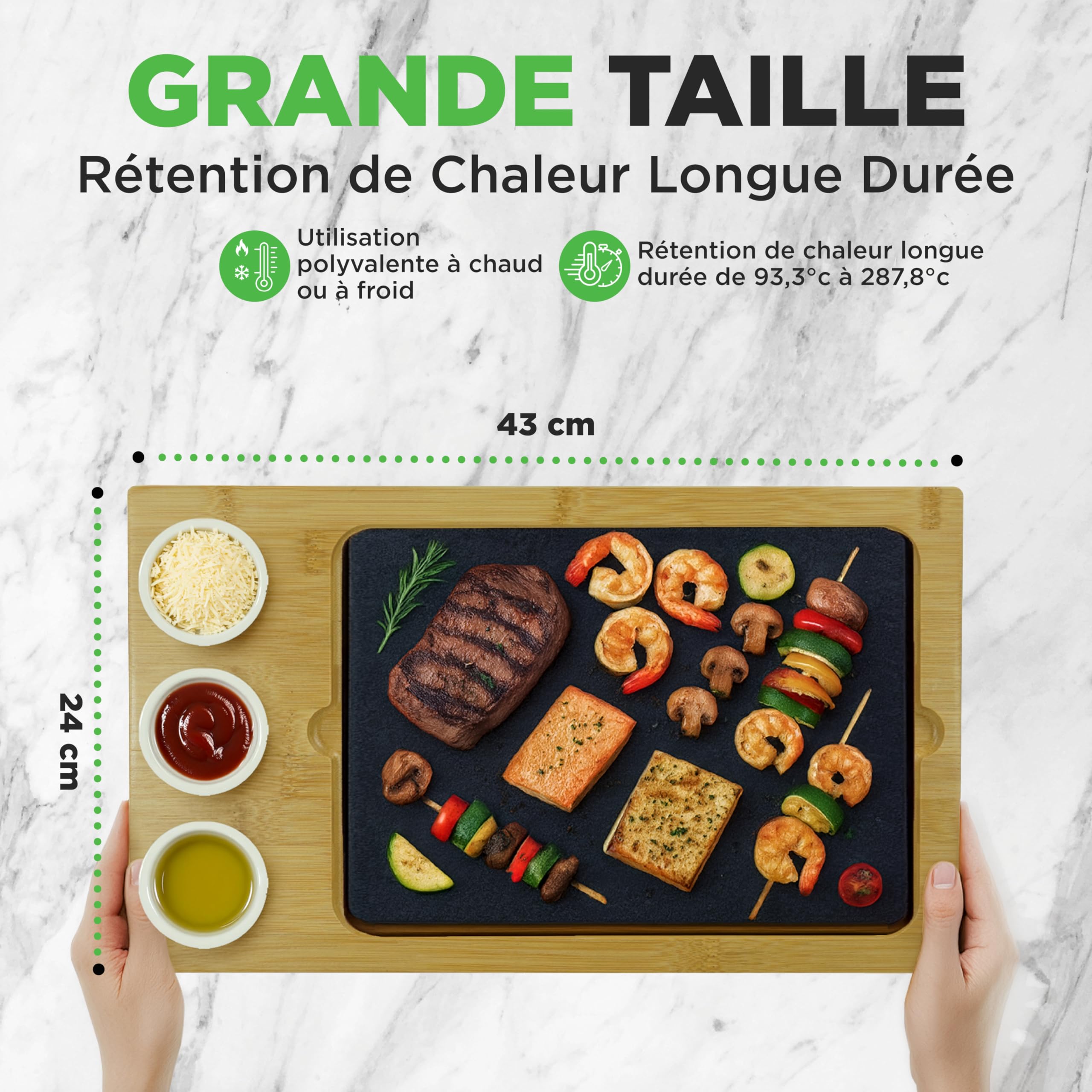 NutriChef Set de Cuisine Pierre Chaude – Grill de Table Granit avec Plateau Bambou 1 pièce Cuisson sans huile pour Viande Poisson Végétarien Intérieur Extérieur, Céramique Noire