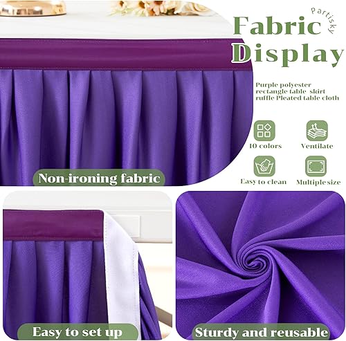 Miniatura 5 de Partisky Falda de mesa de poliéster morado para mesas rectangulares de 14 pies, mantel plisado resistente a las arrugas para banquetes, bodas,