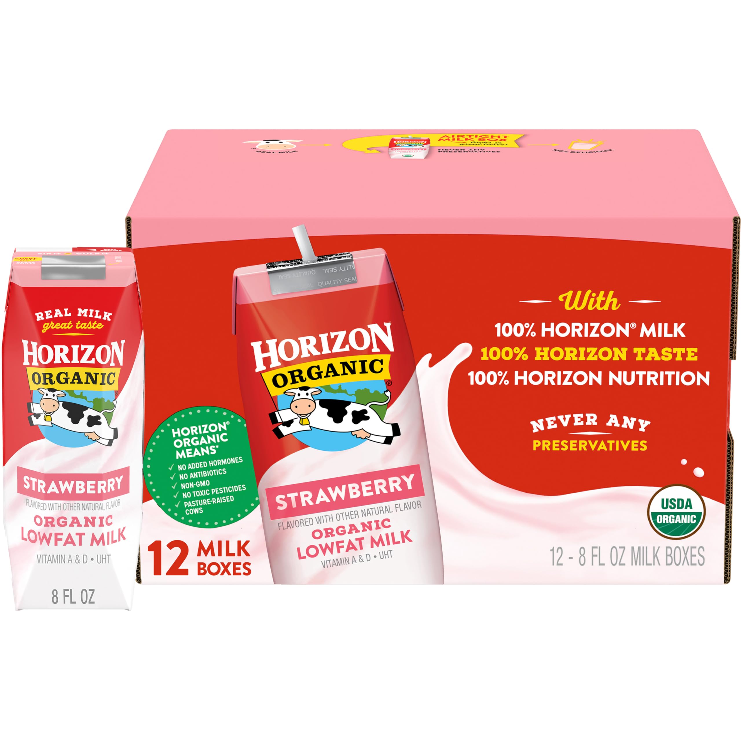 Horizon Organic Shelf Stable 1% Lowfat Strawberry Milk Boxes, 8 fl oz, 12 Count - 8g Protein per Serving, USDA Organic, Ready to Drink for Lunchbox, Travel, or On-the-Go, No Refrigeration Needed