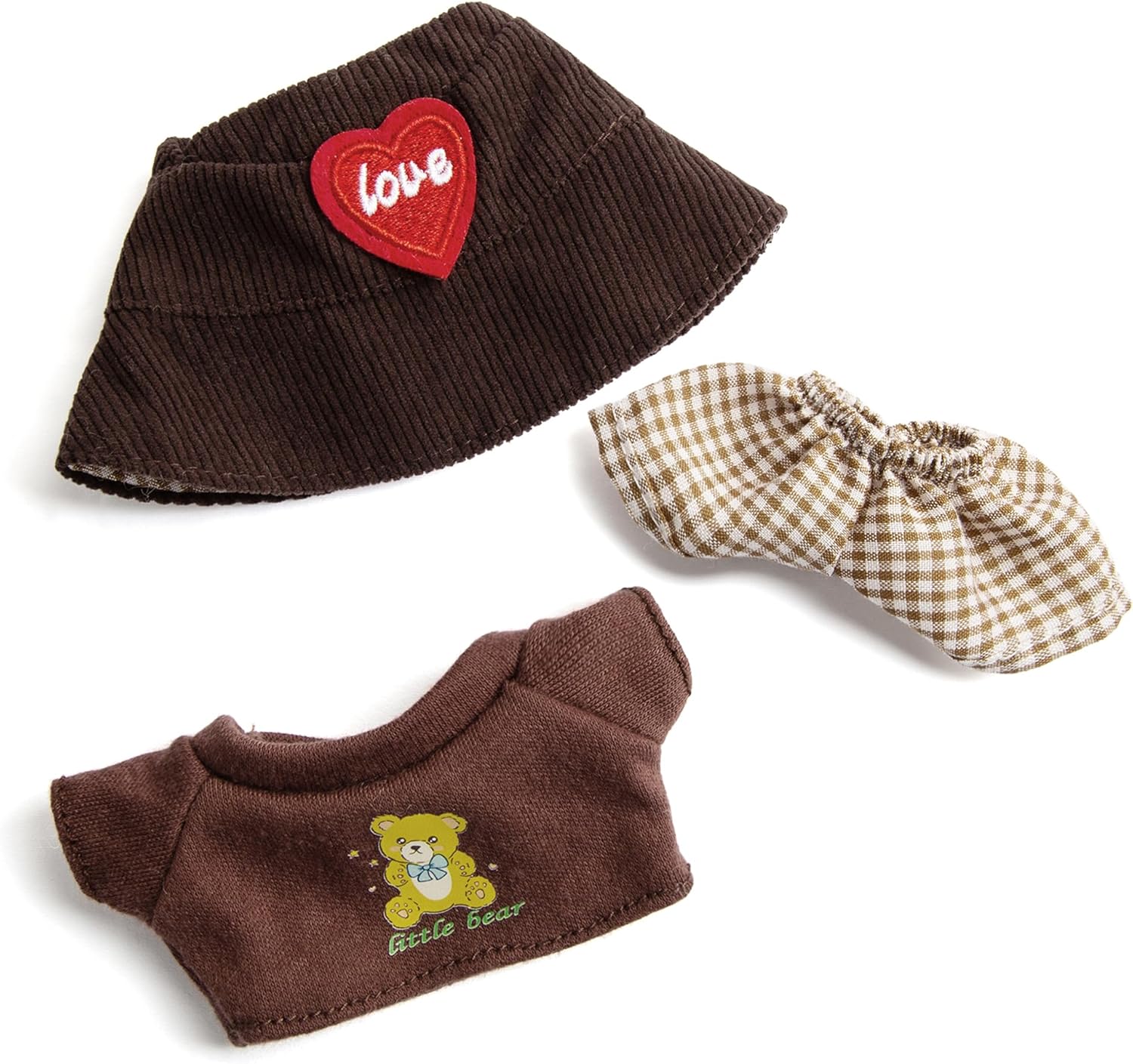 17 cm Doll Clothes, 3-Piece Set Stylish Clothes for 17cm Labubu, Premium Outfit with Accessories - Red Heart Brown Hat & Brown Bear Tshirt & Coffee Plaid Pants (NO Doll)
