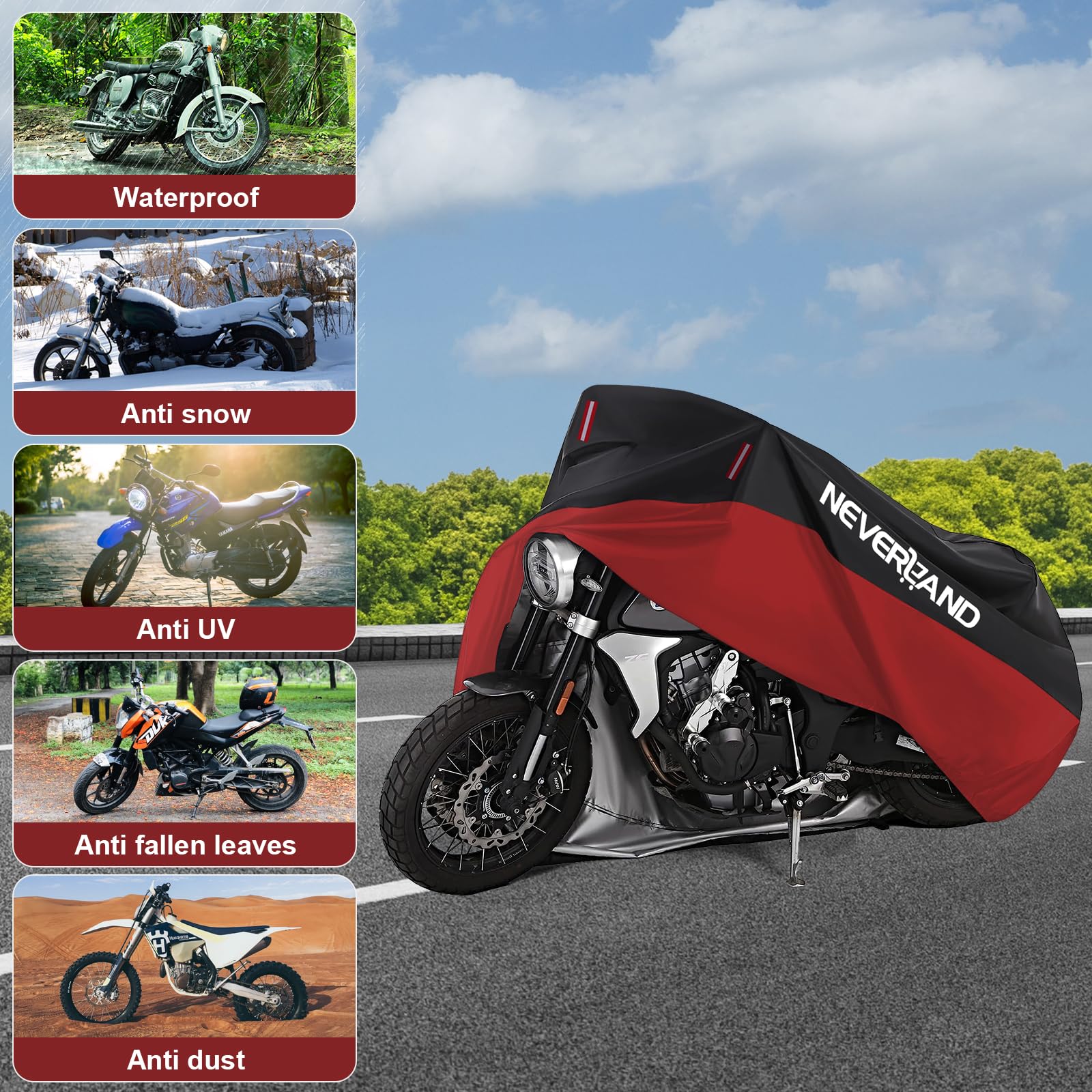 NEVERLAND Funda impermeable para motocicleta 300D para exteriores, protección universal para todas las estaciones, con reflectante nocturno, agujeros de bloqueo, bolsa de almacenamiento (hasta 96