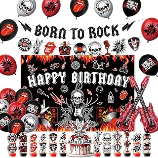 45Pcs Rock and Roll Party Decorations Include Born to Rock Banner-Backdrop-Balloons-Cake Topper-Cupcake Toppers for Music Themed Party Decorations