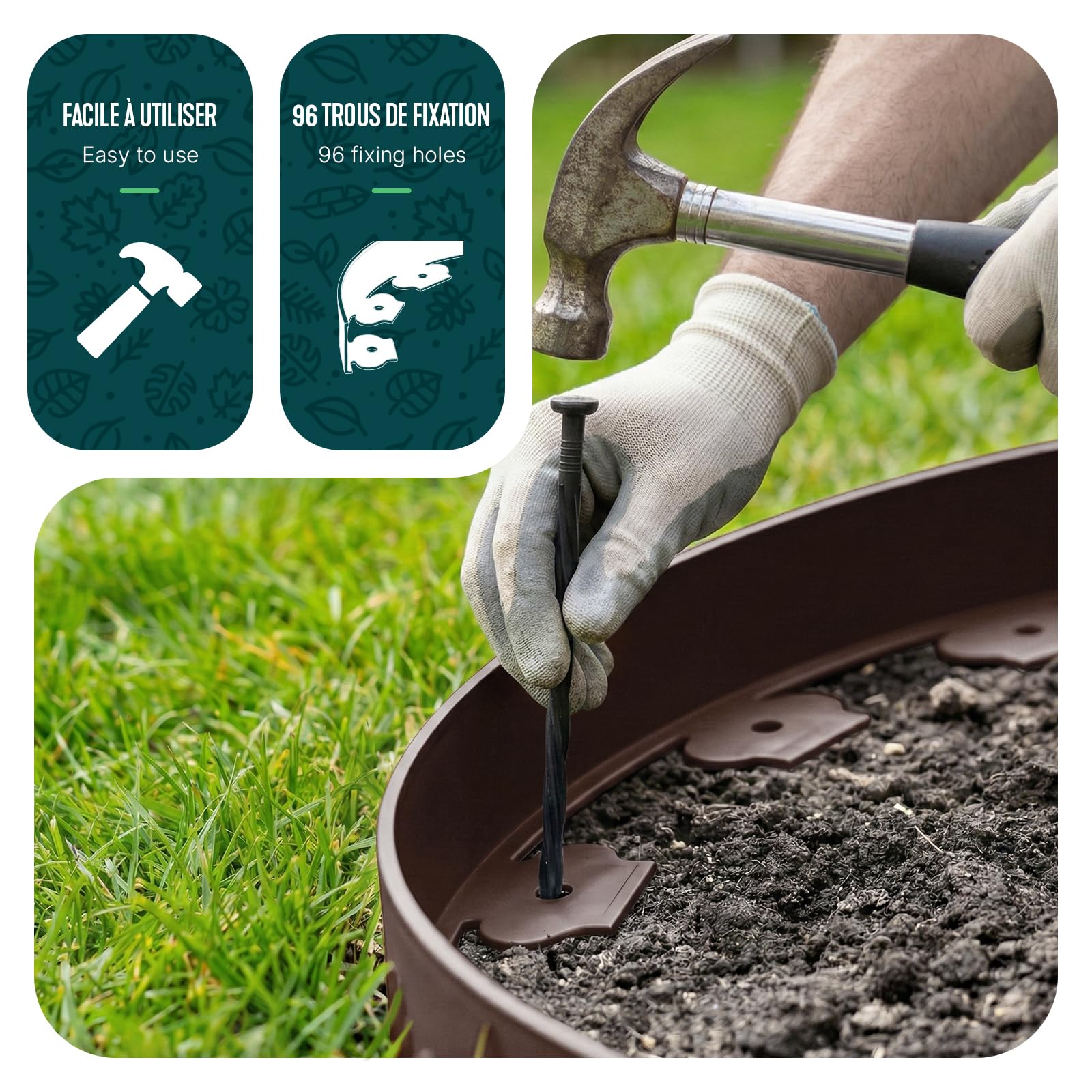VOUNOT® Borde Jardín, Césped Borde, Flexible de Plástico, Longitud 10 m, Altura 5 cm, con 30 Clavijas, Marrón