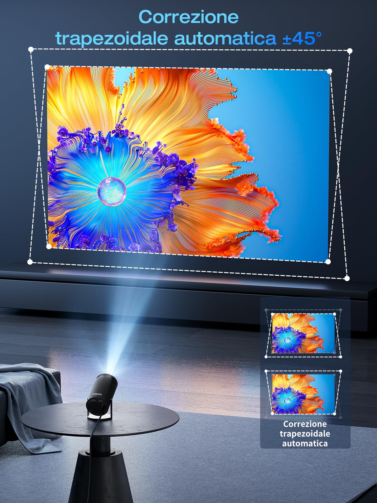 [Built-in Apps & Android 11.0] Mini Proiettore Portatile 18000 Lux 4K Supportato Rotazione 180° e Correzione Trapezoidale Automatica, Proiettore per Esterni Compatibile con TV Stick/Windows