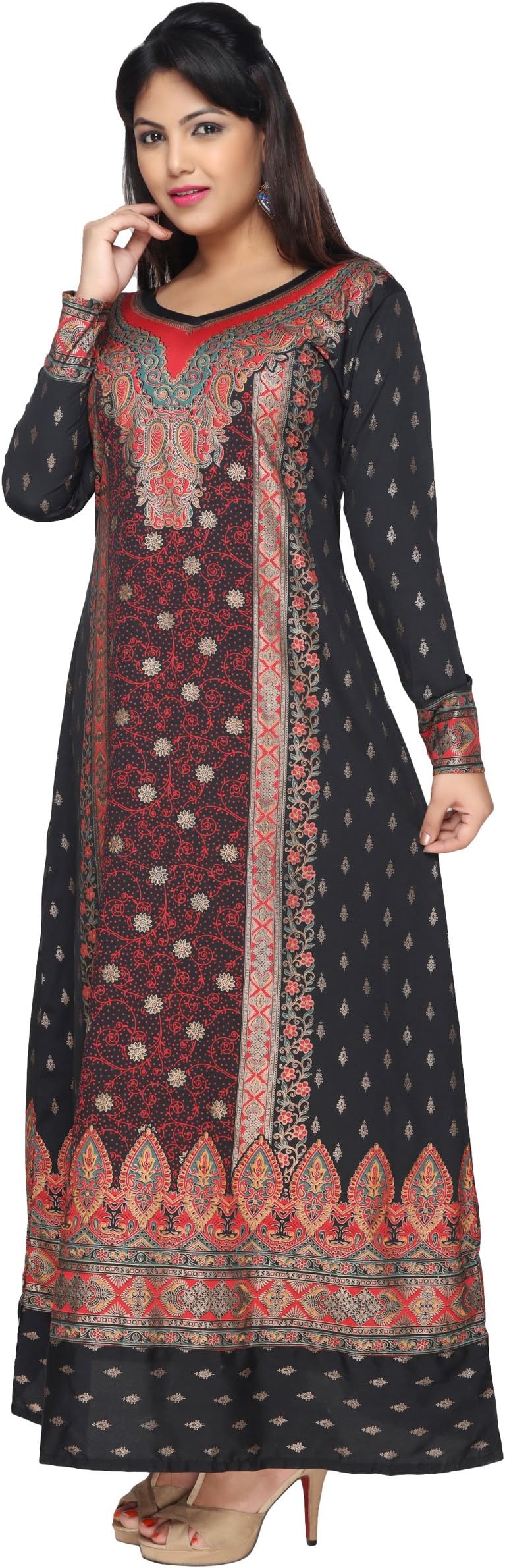 Printedレディース長袖Kaftans Abayasドレスチュニック US サイズ: S カラー: ブラック