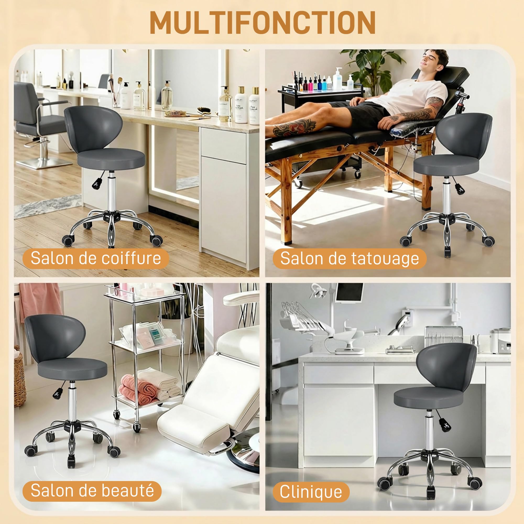 HOMCOM Tabouret à roulettes, Tabouret de Massage en PU avec Hauteur réglable 73-88cm et Dossier, Chaise de Travail pivotant 360°, Cadre en Acier, pour Salon de Massage, Tatouage, Clinique, Spa, Gris