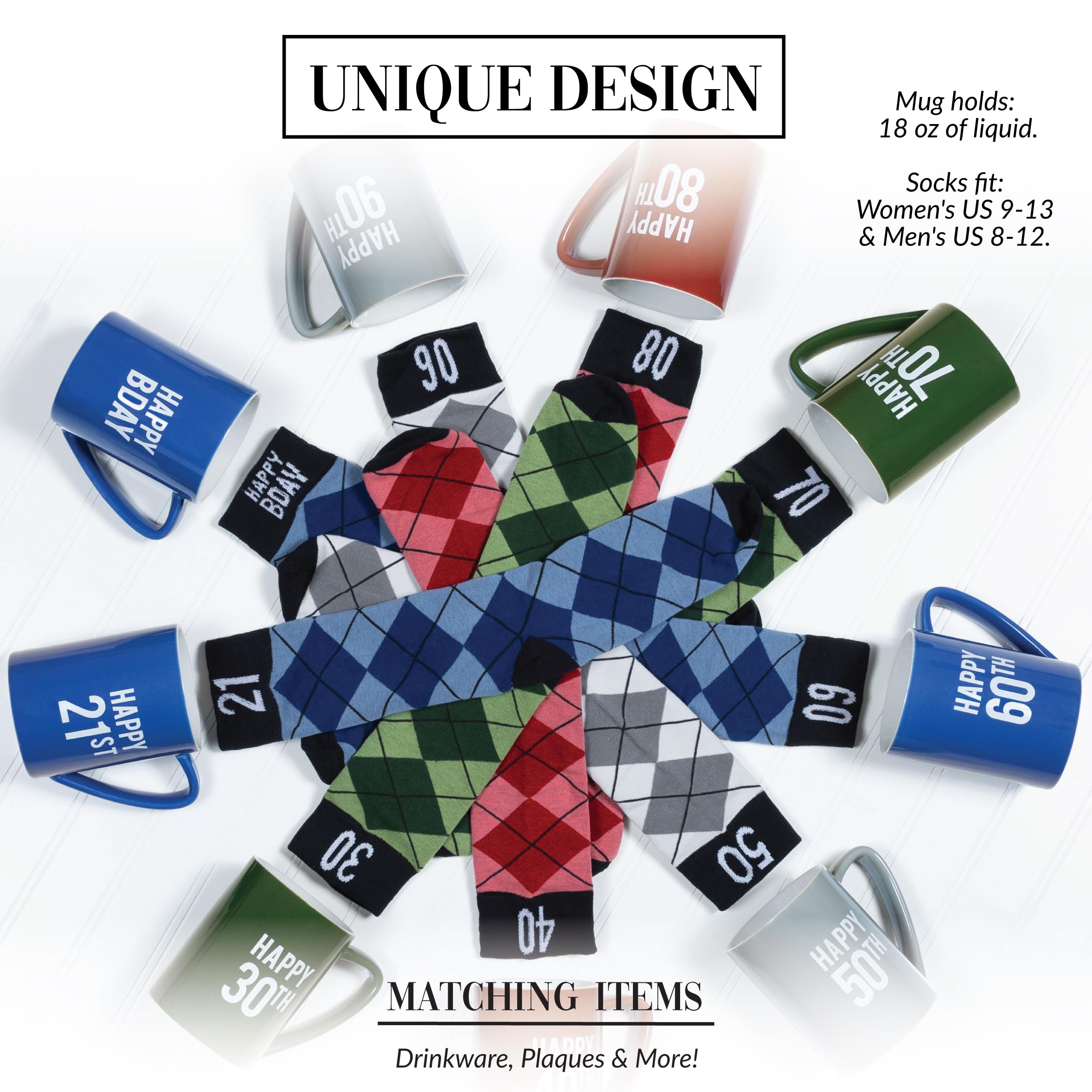Pavilion Kaffeebecher, Teetasse "Happy 30th", 530 ml, Argyle-Muster, grüne Crew-Socken, Damen US 9–13 & Herren, US 8–12, Geburtstag, Party, Feier, Dekoration, Gedenkgeschenk für Ihn