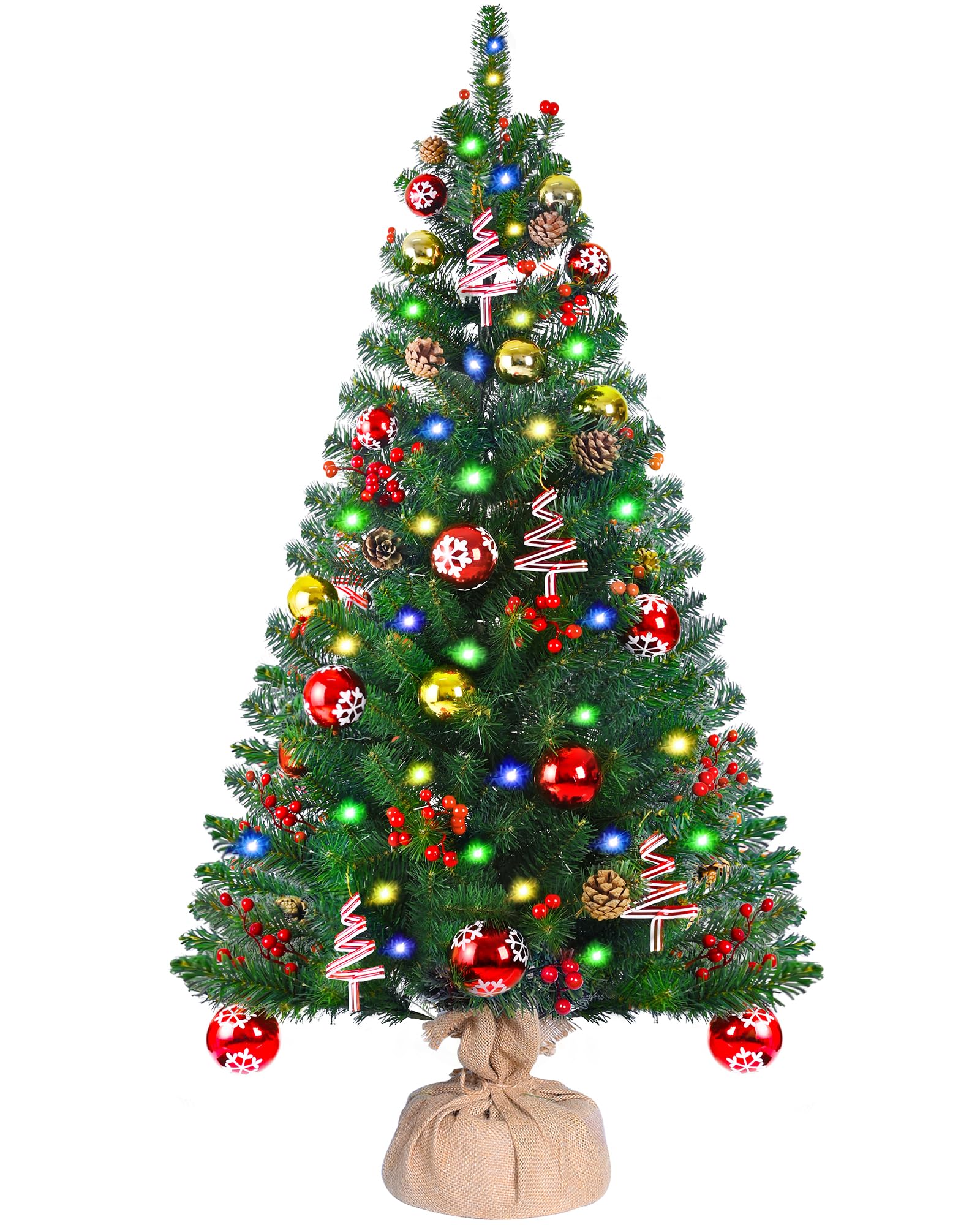 4.5ft Pre-lit Artificial Christmas Tree with 100 LED Lights,Vlorart Tabletop Christmas Tree with Colorful Balls,Pine Cones,Red Berries and Tree Ornaments for Home Fireplaces Xmas Indoor Outdoor Decor