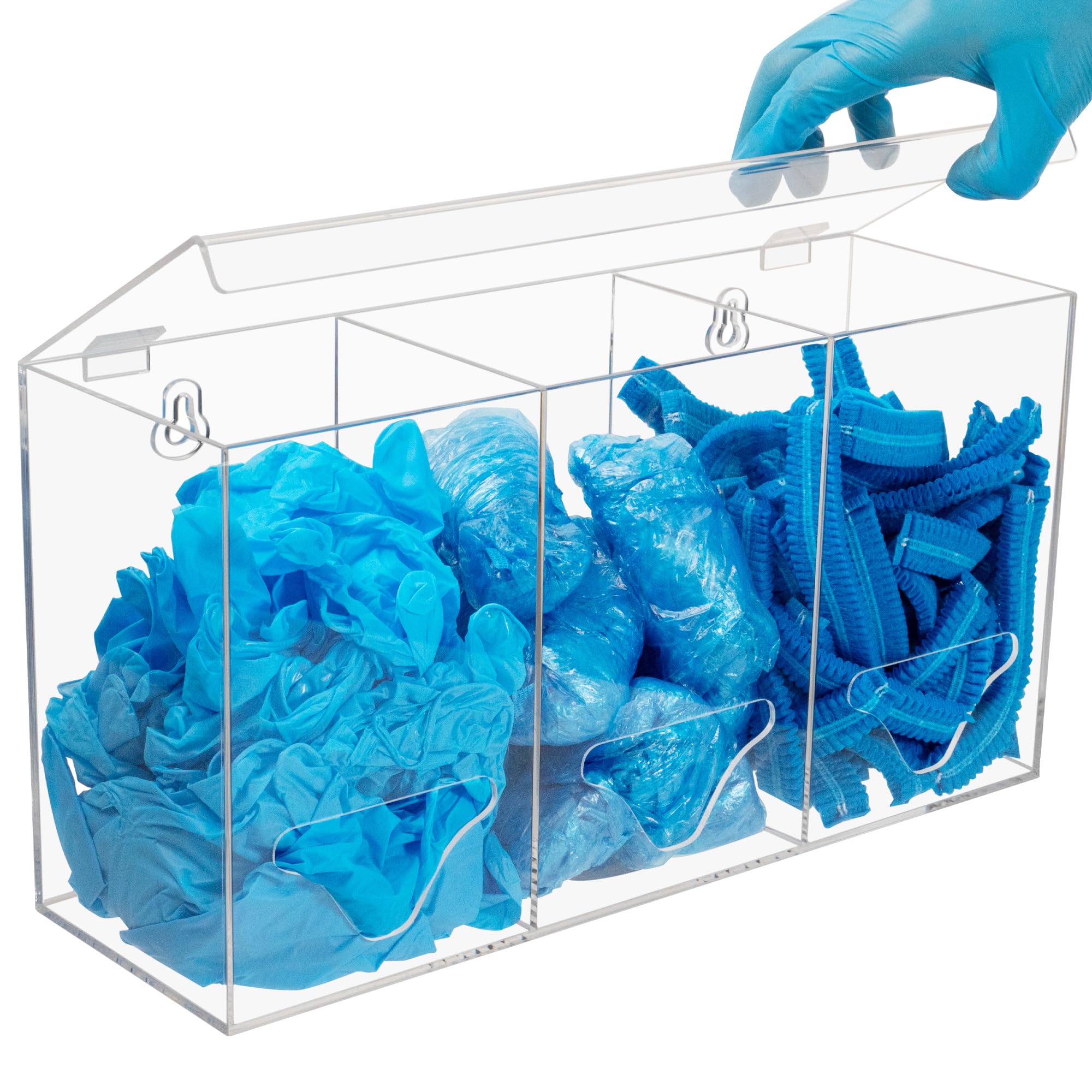 SEANADO Dispenser per guanti in acrilico trasparente con coperchio, 3 scomparti, per reti da barba, retine per capelli, sacchetti di plastica, copriscarpe, montaggio a parete o da tavolo