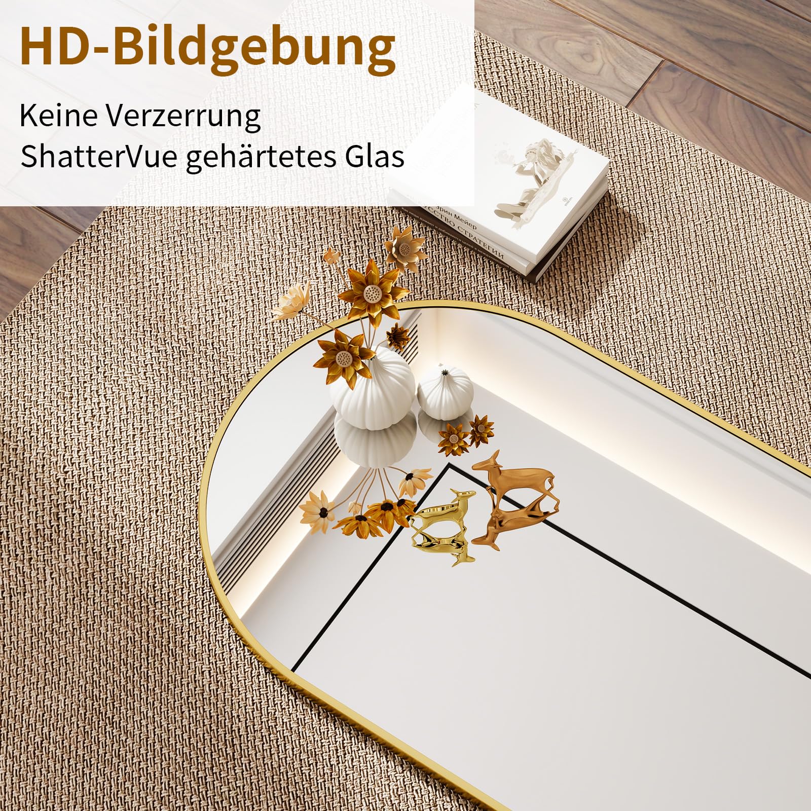 Koonmi Oval Badspiegel Gold, 30 x 60 cm Oval Wandspiegel aus gehärtetem Glas, Eitelkeitsspiegel ohne Verzerrung, horizontal oder vertikal hängend für Schlafzimmer, Eingangsbereich, Wohnzimmer