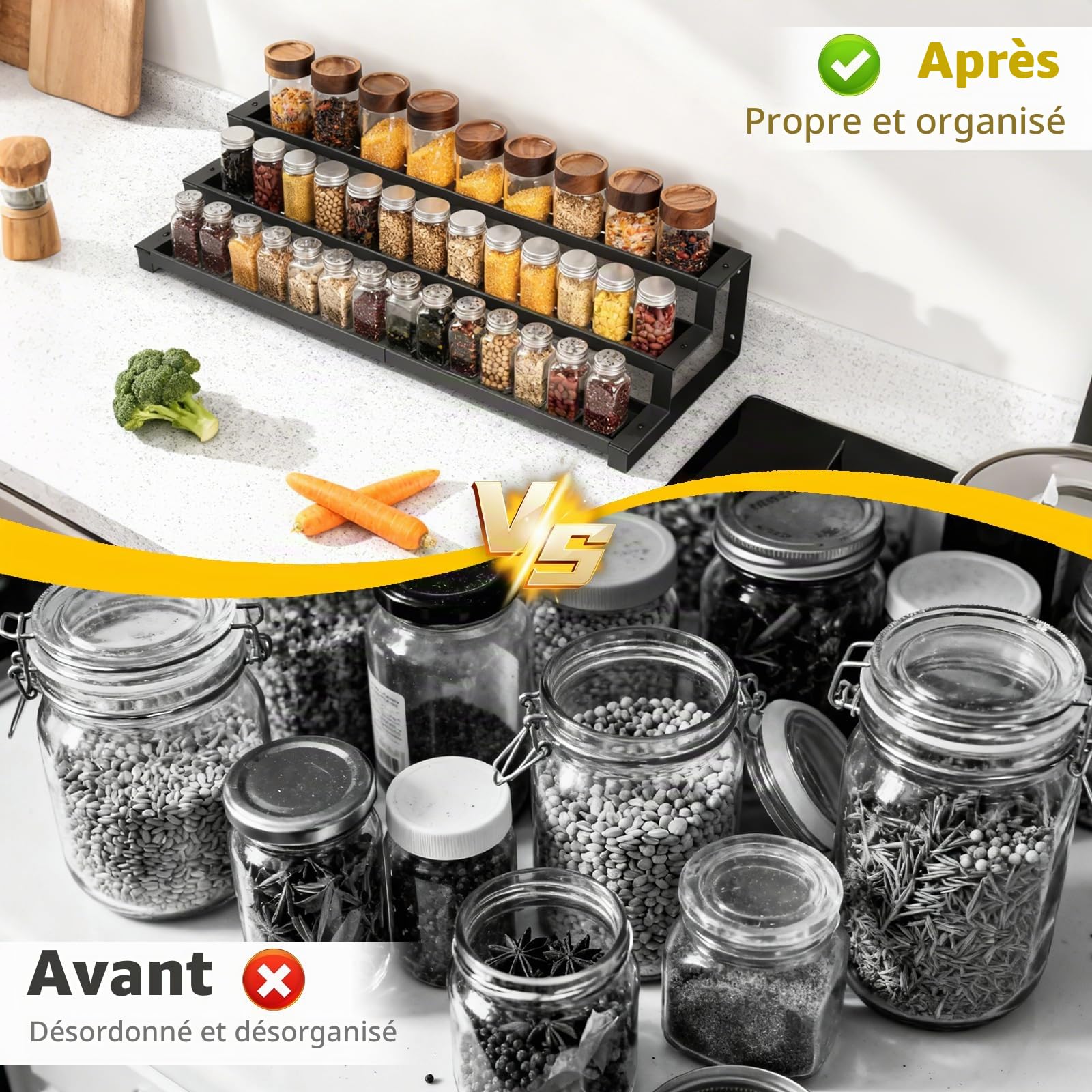 Étagère à épices à 3 niveaux extensible de 36 à 66 cm, grand organisateur d'assaisonnement, étagère à épices pour garde-manger, cuisine, comptoir, salle de bain