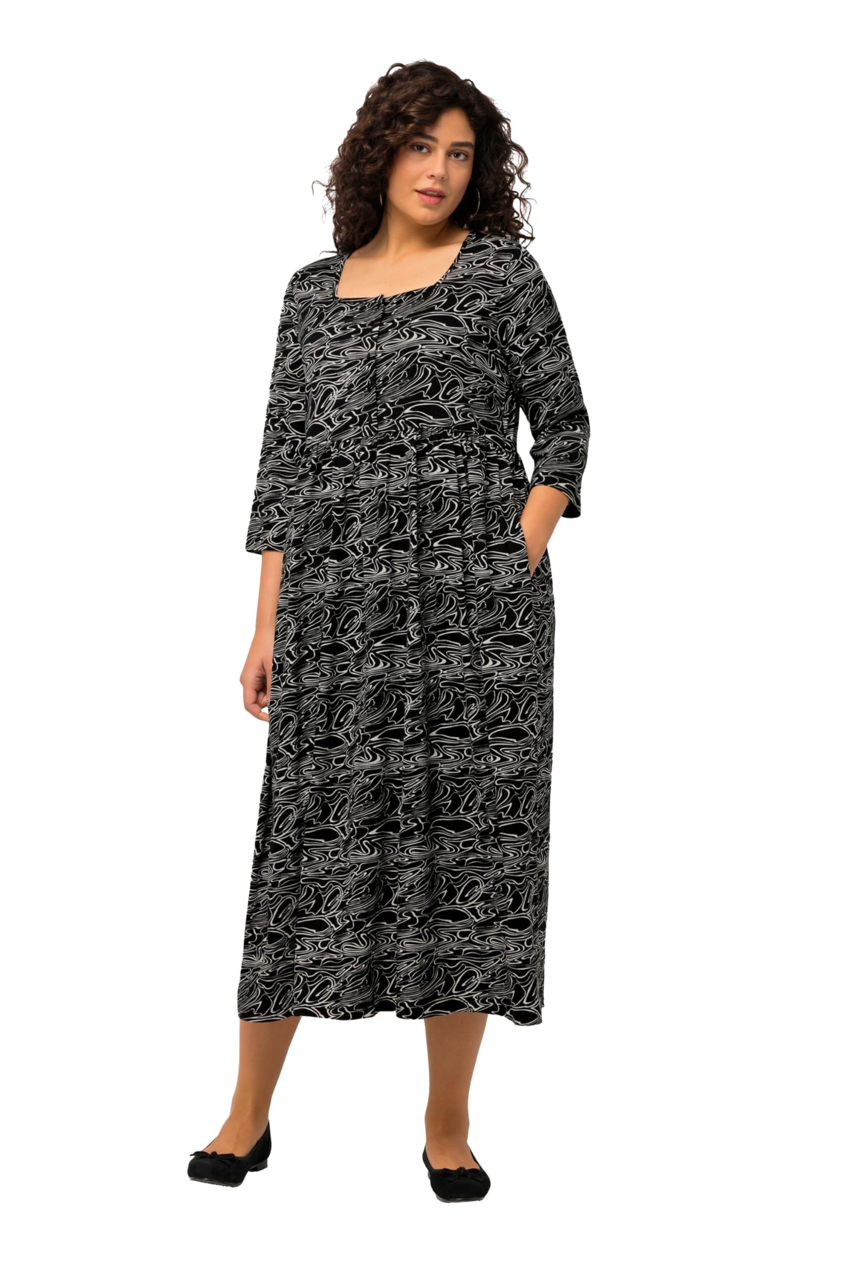 Ulla Popken Damen große Größen Übergrößen Plus Size Jerseykleid, Wellen, A-Linie, Carree-Ausschnitt, 3/4-Arm 825319
