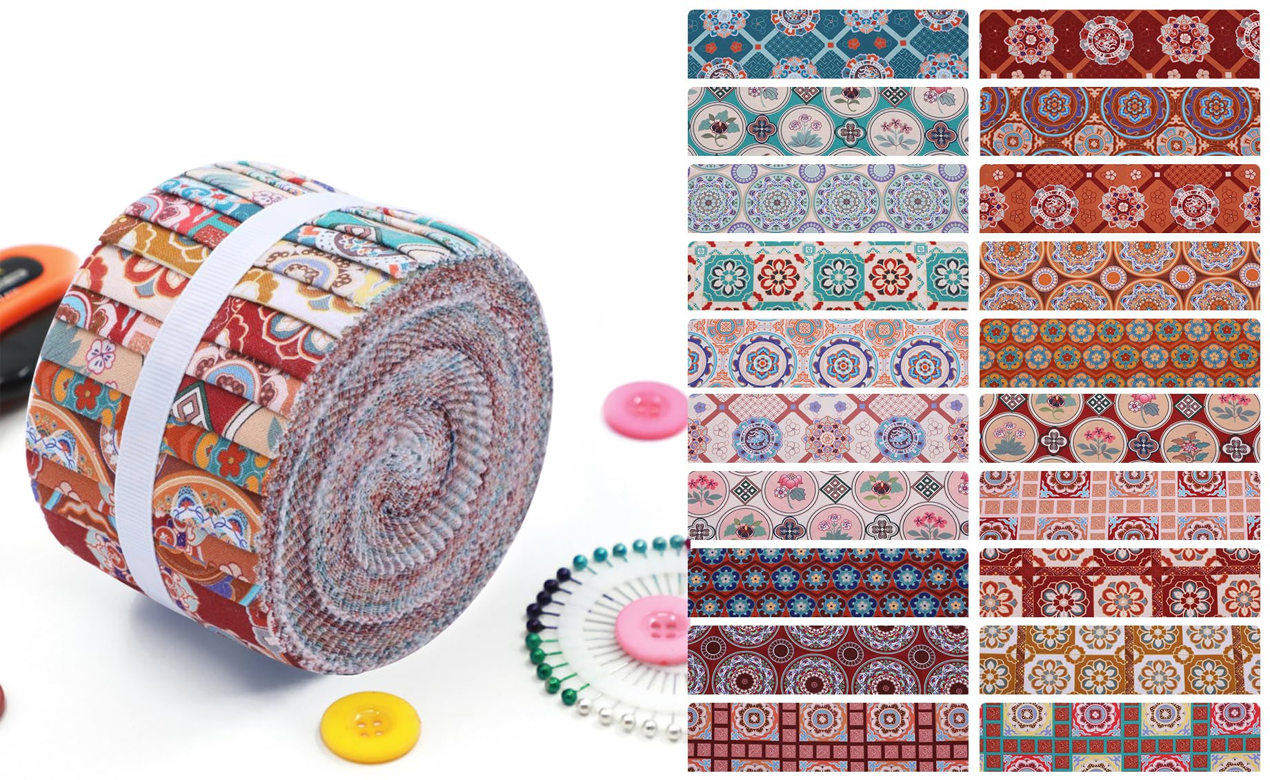 Craftsfabrics Multi-Color Floral Artistry Jelly Roll – 20Pcs 2.5” X 44” Precut Cotton Strips | Vibrant Floral Prints For Quilting, Patchwork, Sewing & Diy Crafts (100% Cotton, 150Gsm)