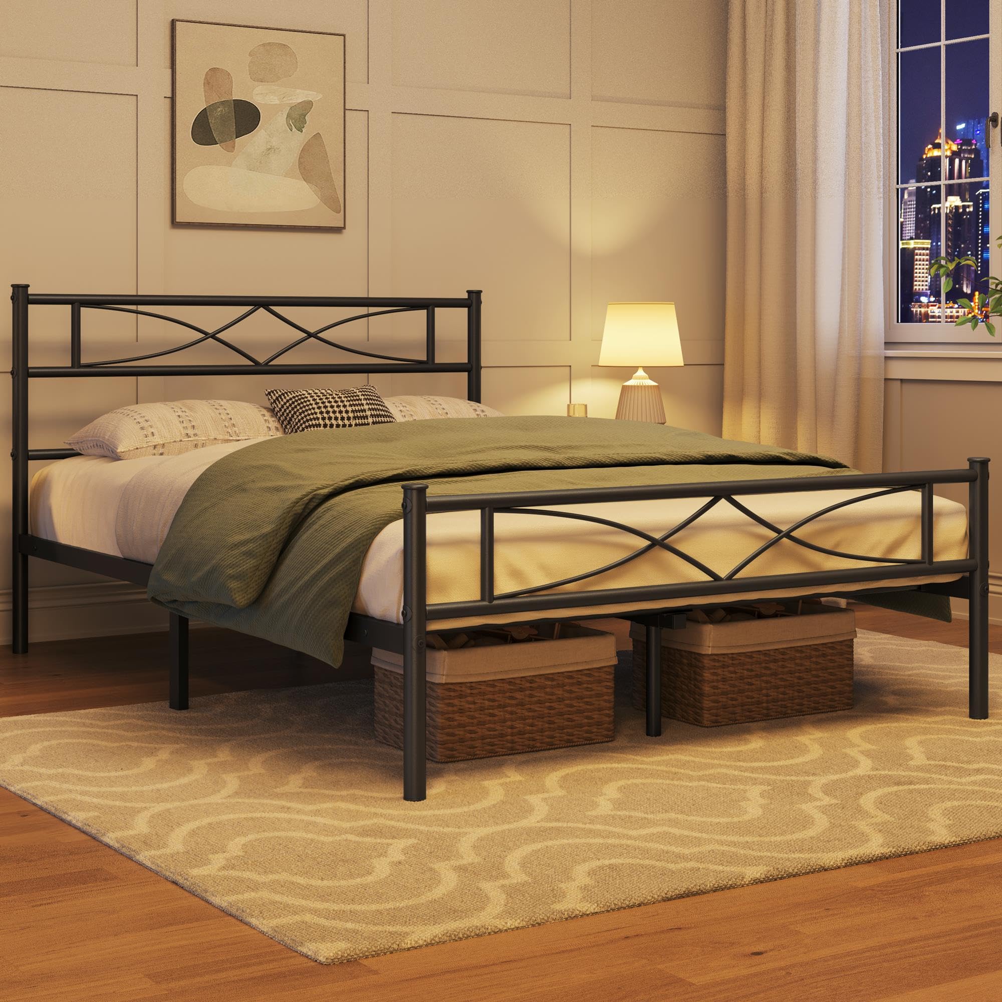 Yaheetech Metallbett 140 x 200 cm Bettrahmen mit Hohem Kopfteil Gästebett mit Lattenrost für Schlafzimmer Gästezimmer Viel Stauraum unter dem Bett Schwarz