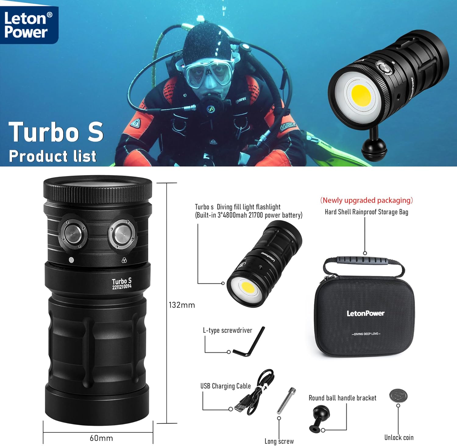 Dive Light,LetonPower TS S 10000Lumens 100m Underwater Video Light,Diving Flashlight,Waterproof Flashlight with Type-C Charging for Professional Under Water Sports - Image 7