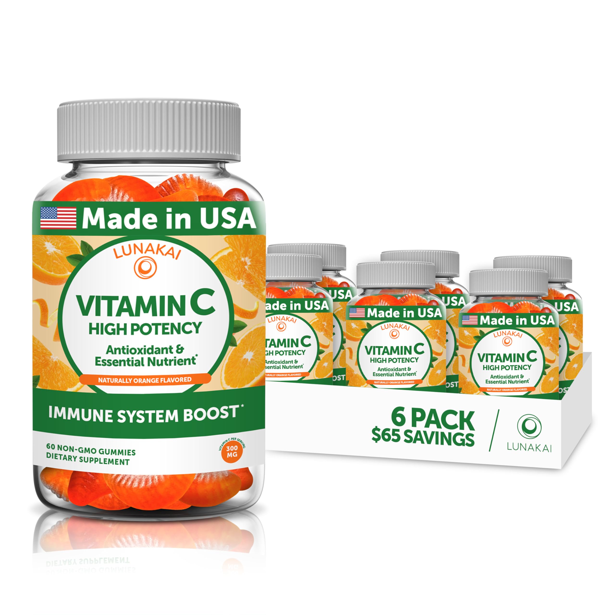 Lunakai USA Made High Potency Vitamin C Gummies for Adults and Kids - 300mg Immune Support - Non-GMO, Vegan, Delicious Orange Flavor, 3 Pack