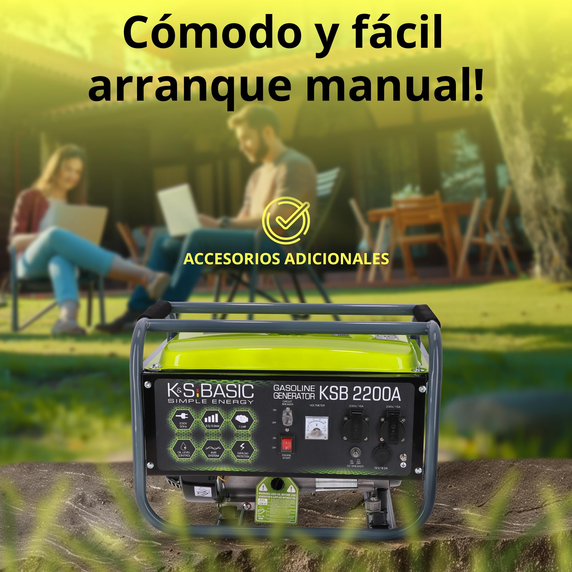 Generador de gasolina KSB 2200A con la potencia de 2200 W, arranque manual, regulador automático de voltaje (AVR), voltímetro, 2 x Schuko 230 V, salida 12V, alternador con bobinado de aluminio