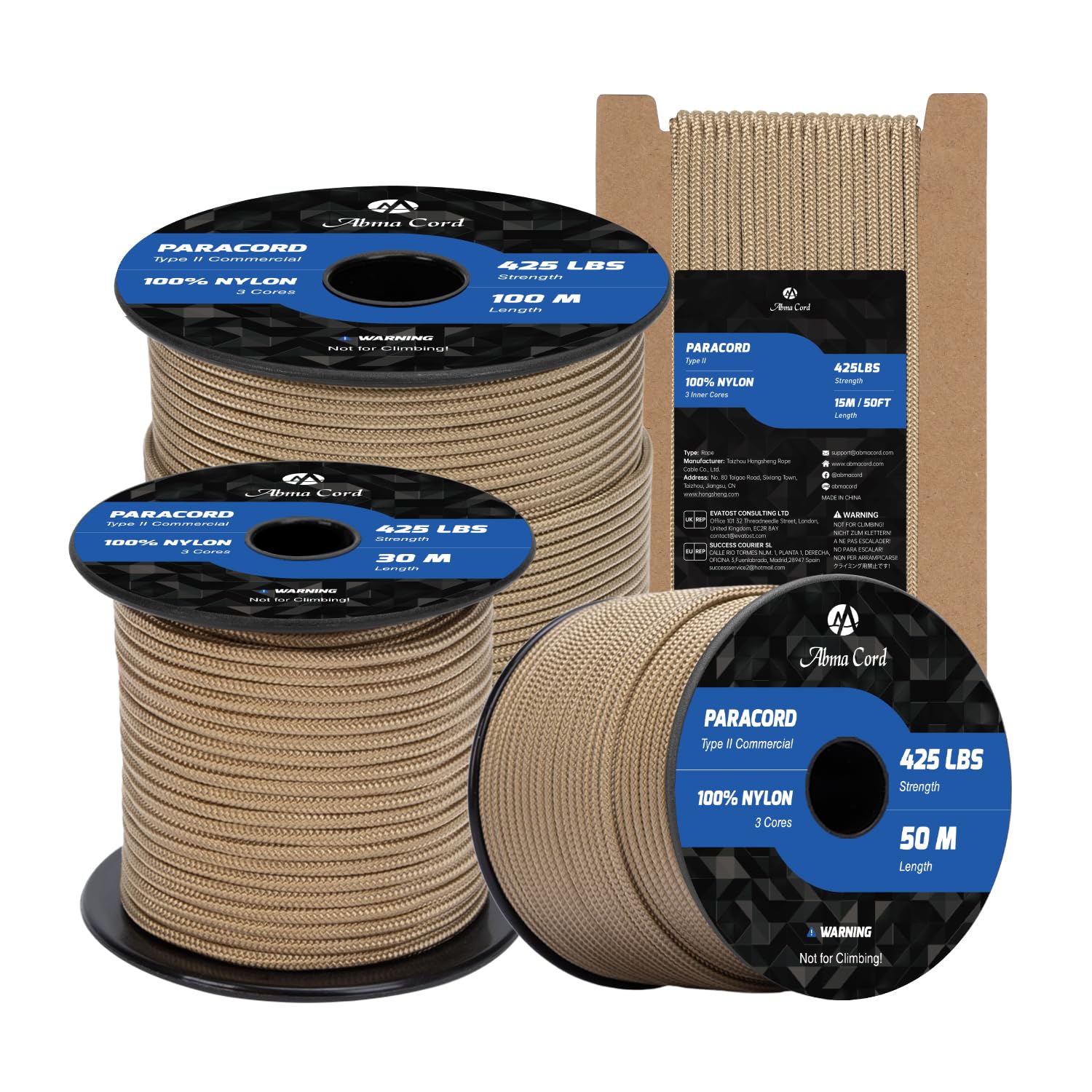 Abma Cord Paracord 3mm 15m 100% Nylon Rope Type II 3 Strands Parachute Cord - Max. 192kg (425lbs) - Tan