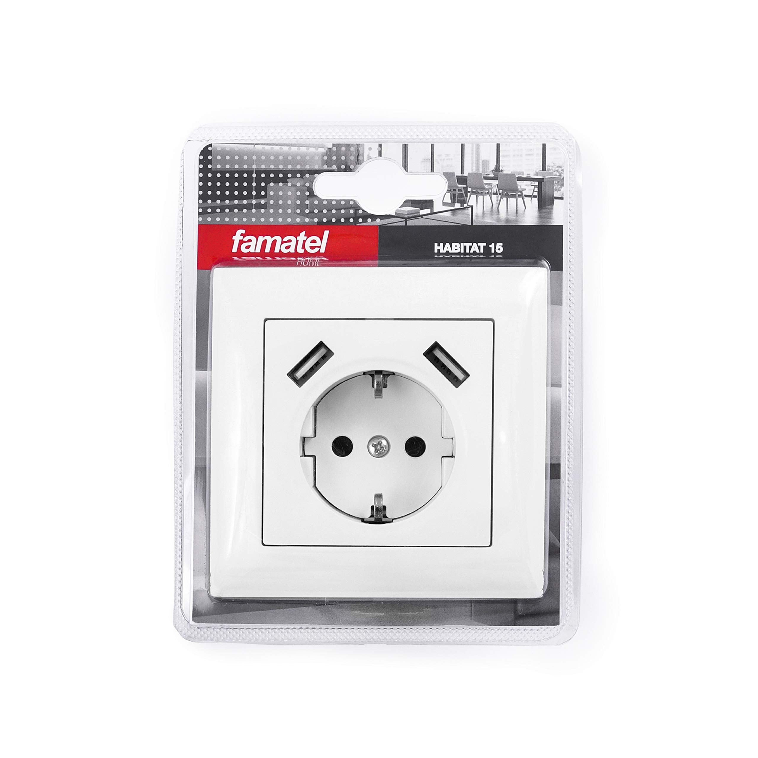 FAMATEL – Base + 2USB | Enchufe de empotrar | Serie Habitat 15 | Fácil instalación | Alta estanqueidad del producto | Protección Infantil | TT | 16A | 250V | Blanco