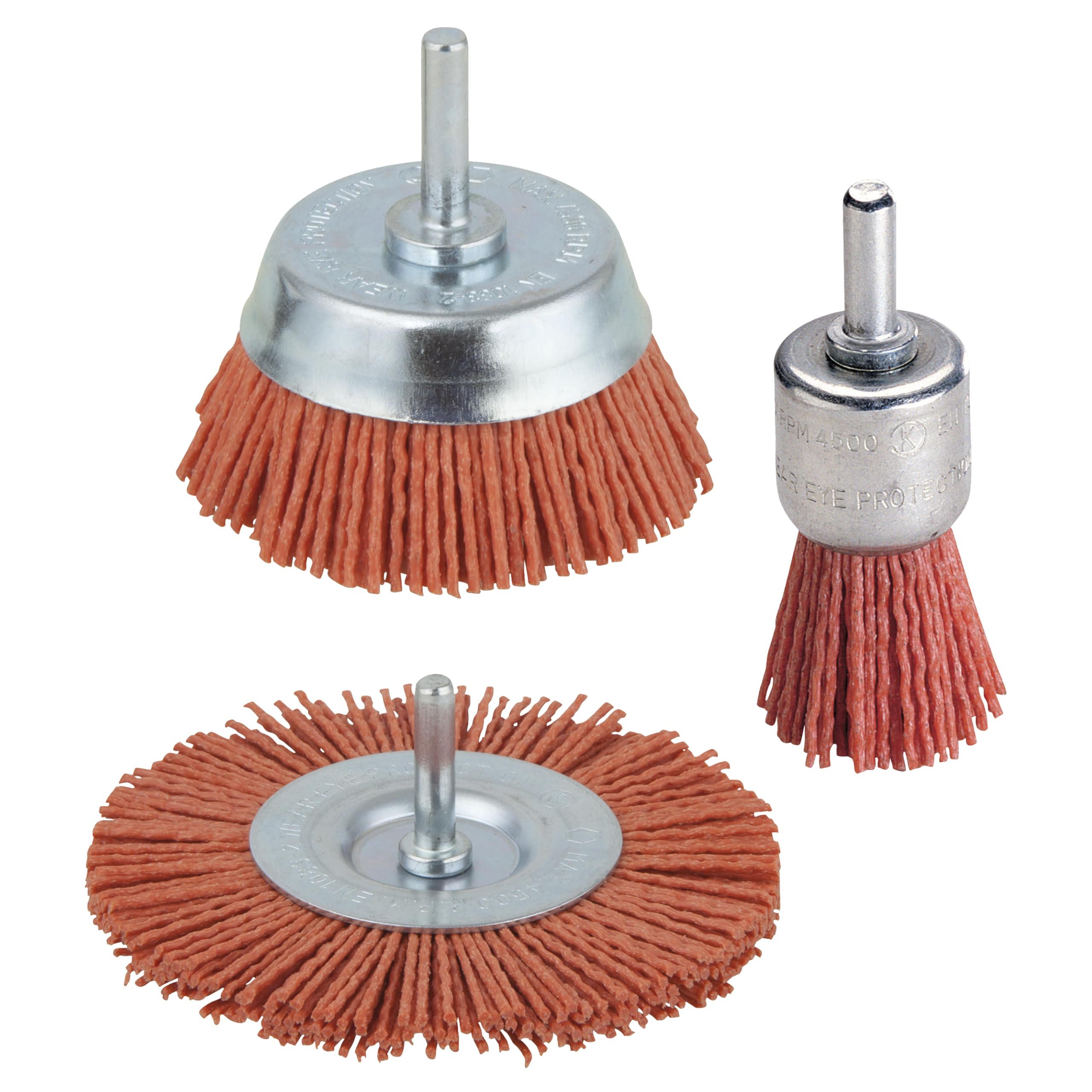 wolfcraft Nylondraht-Bürstenset 3-tlg. 6mm Schaft für effektives Reinigen Entrosten Polieren langlebig vielseitig einsetzbar - Scheibenbürste Topfbürste Pinselbürste - für Holz und Metall 2741000