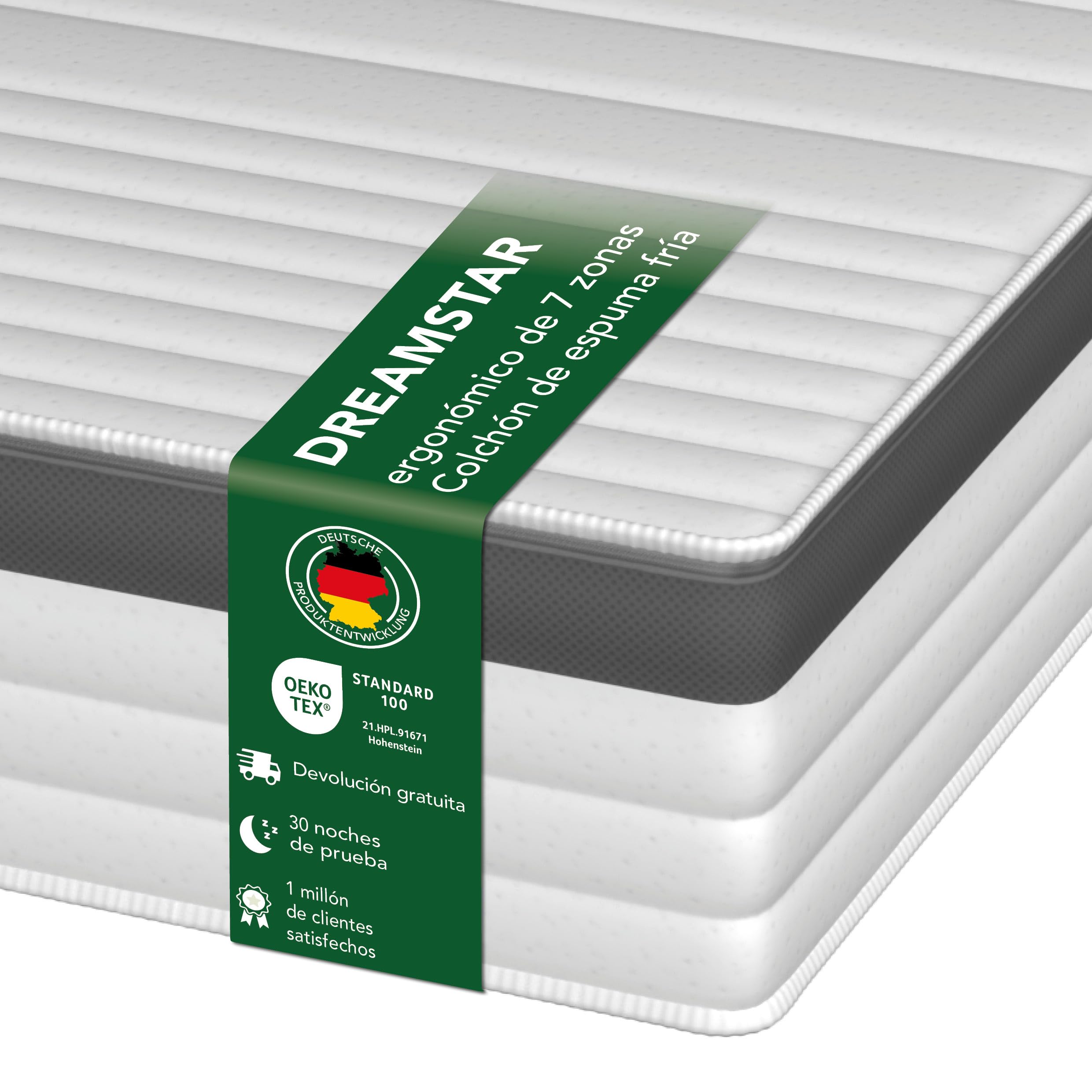 DREAMSTAR Colchón de muelles ensacados dorado, 90 x 200 cm H2, colchón ergonómico de 7 zonas, 21 cm de altura, hipoalergénico y antibacteriano, Öko-Tex®, funda doble lavable, 21 cm, 90 x 200 cm