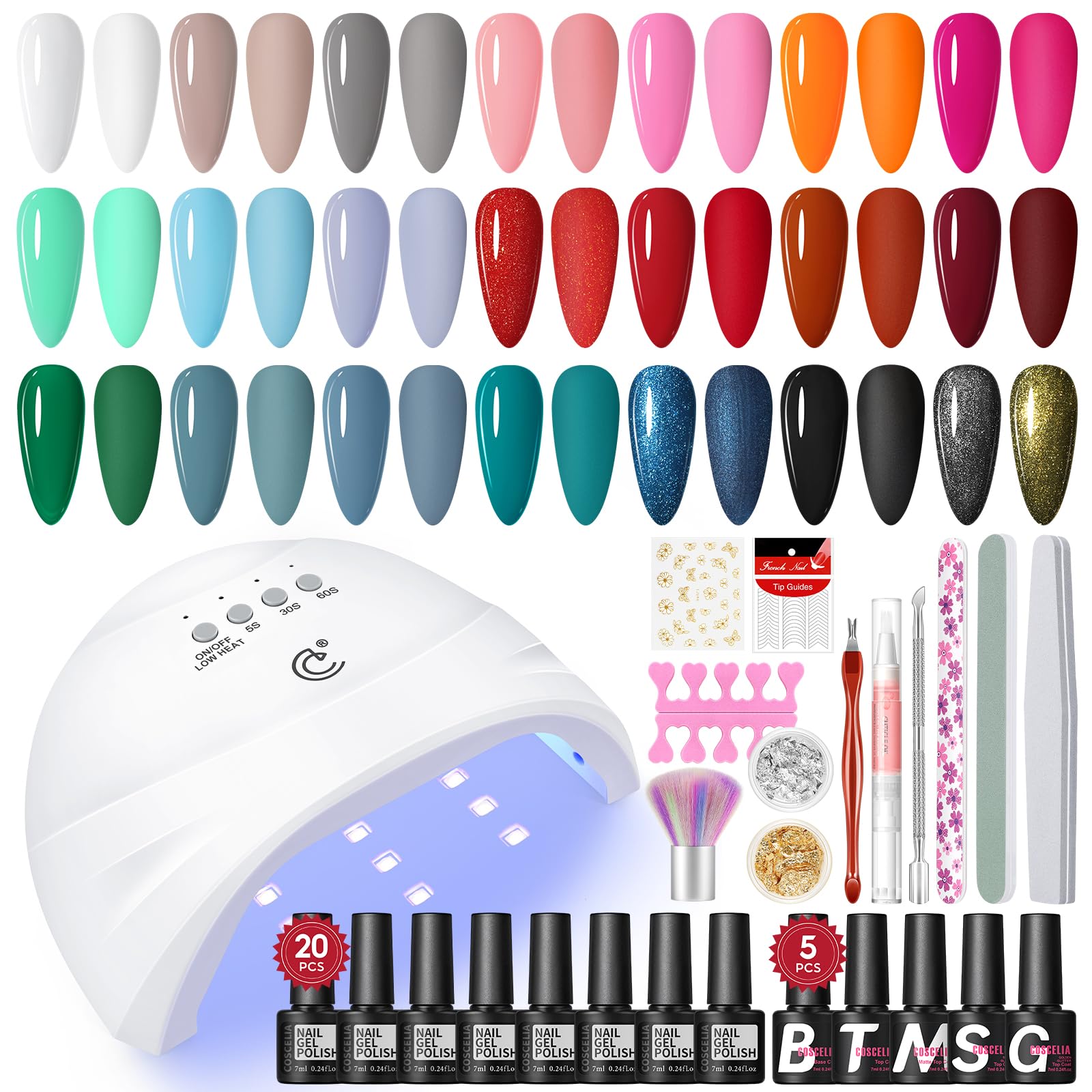 Kit Completo de Esmalte Semipermanente COSCELIA, 20 Colores, Lámpara LED Profesional UV/LED, Top Coat y Base Mate, Kit de Gel UV para Uñas para Principiantes